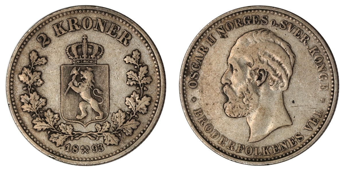 Norge 2 Kroner 1893 Kv: 1