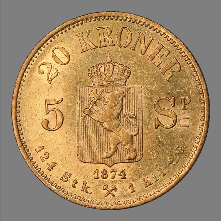 20 Kroner / 5 Sp. 1874 Kv 1+/01