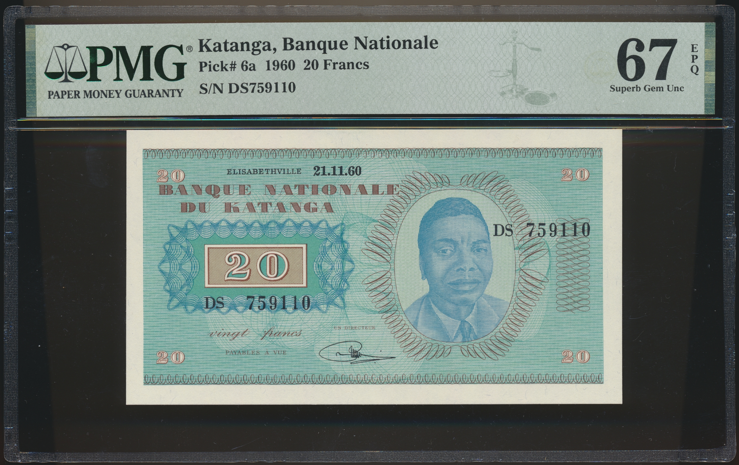 Katanga 20 Francs 1960 PMG 67 EPQ