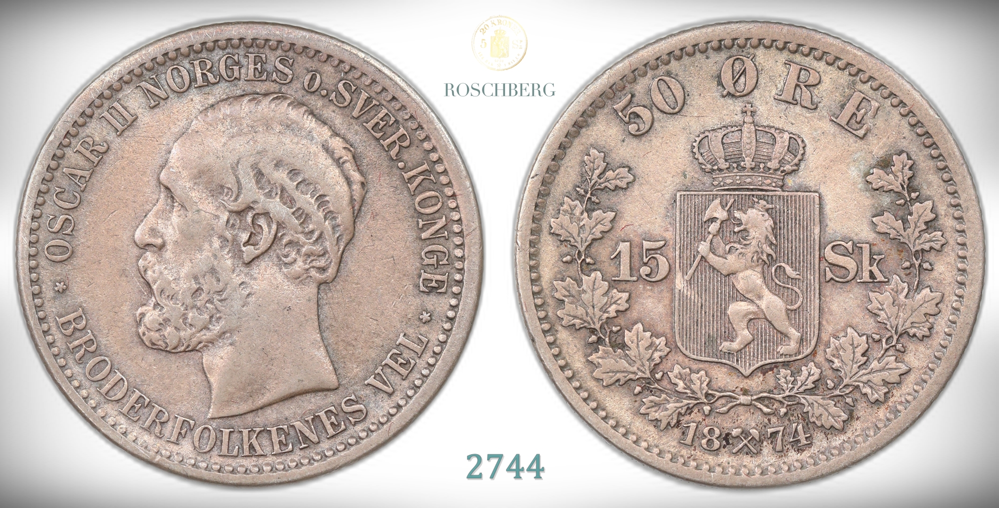 Norge 50 Øre/15 Skilling 1874  Kv: 1/1+