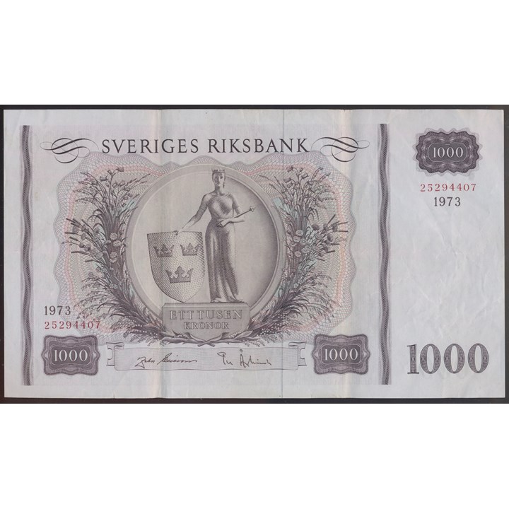 Sweden 1000 Kronor 1973 VF, 2 mm tear