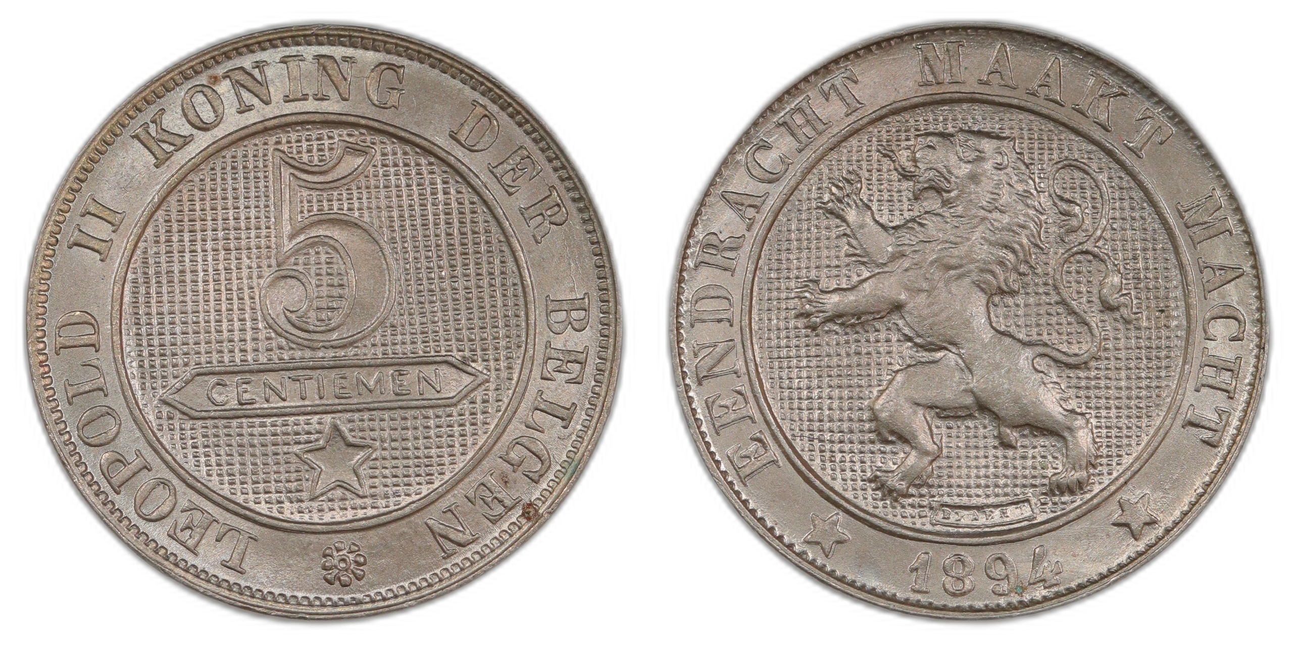 Belgium 5 Centimes 1894 Kv Choice UNC