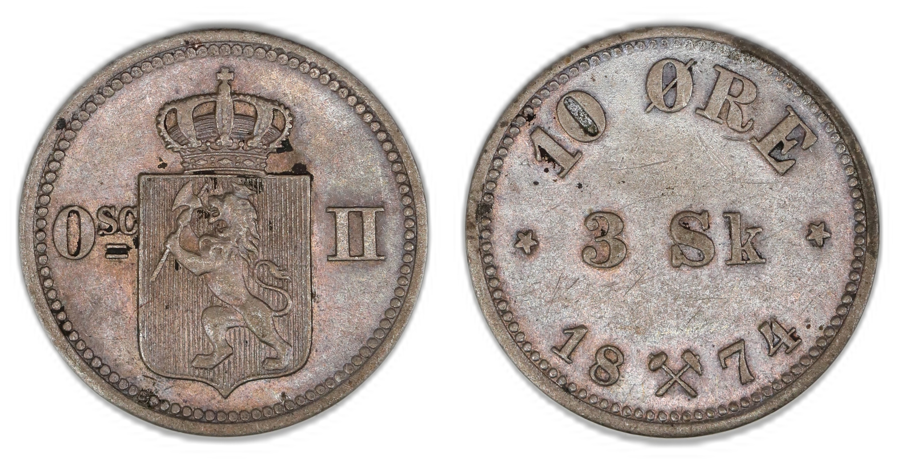 Norge 10 Øre / 3 Sk. 1874  Kv: 1+