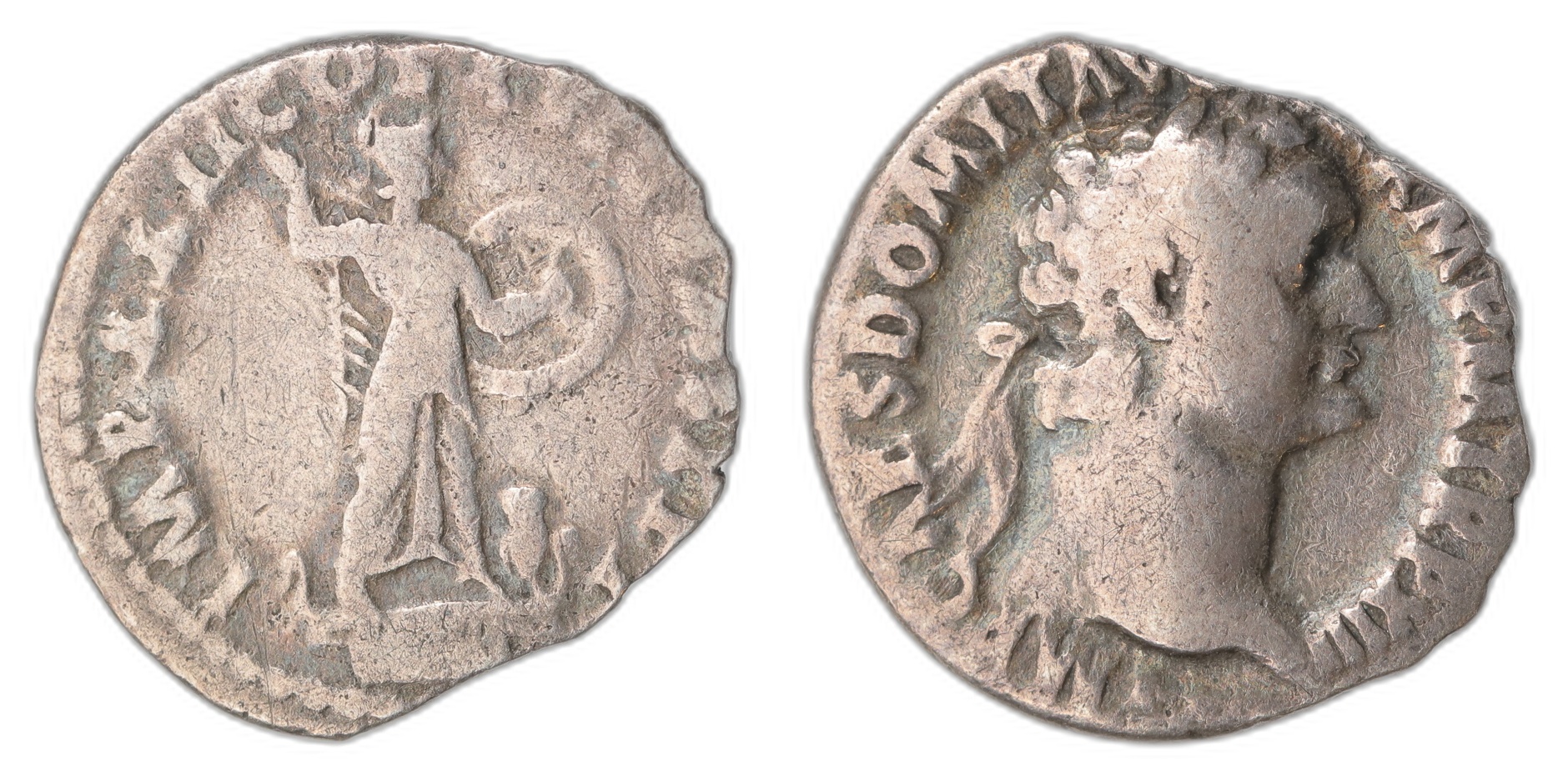 Domitian AR Denar 81-96 Kv: VF, edge damage