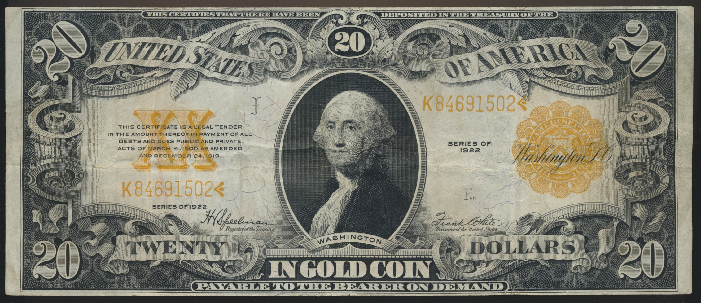 USA 20 Dollars 1922 Gold Certificate Kv 1-