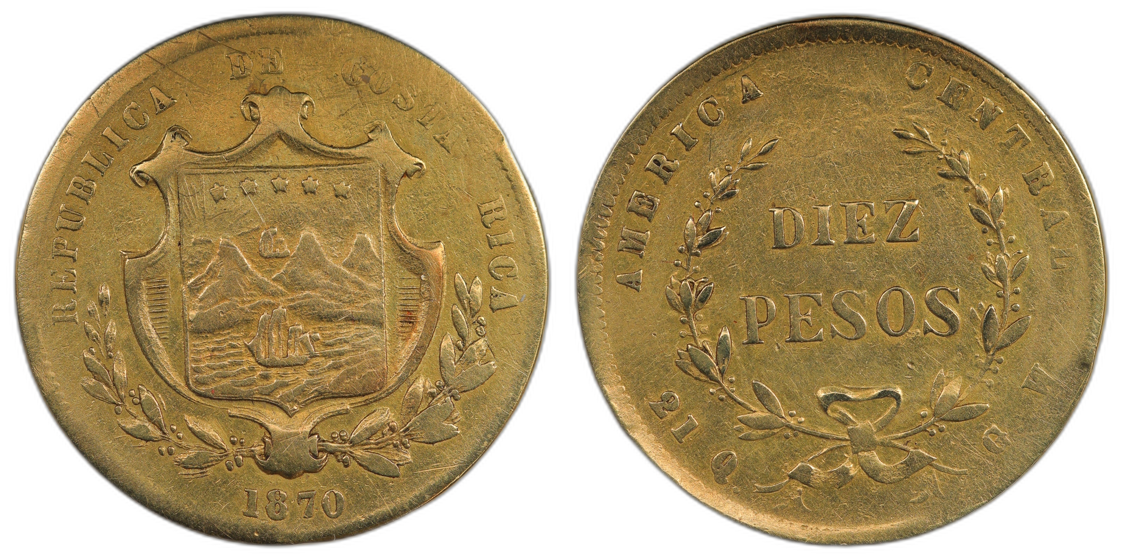 Costa Rica 10 Pesos 1870 Kv: VF, cleaned