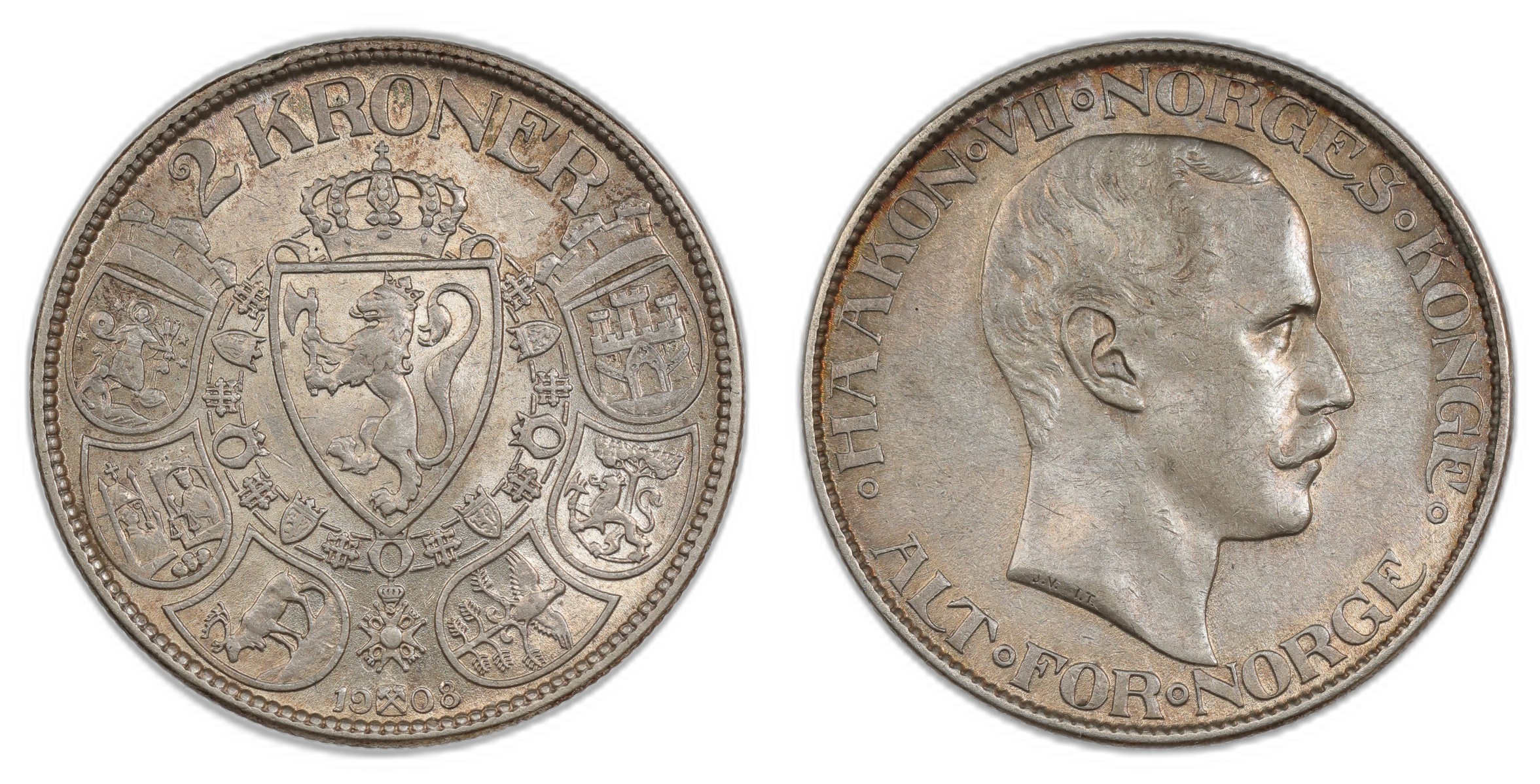 Norge 2 Kroner 1908 Kv 1+