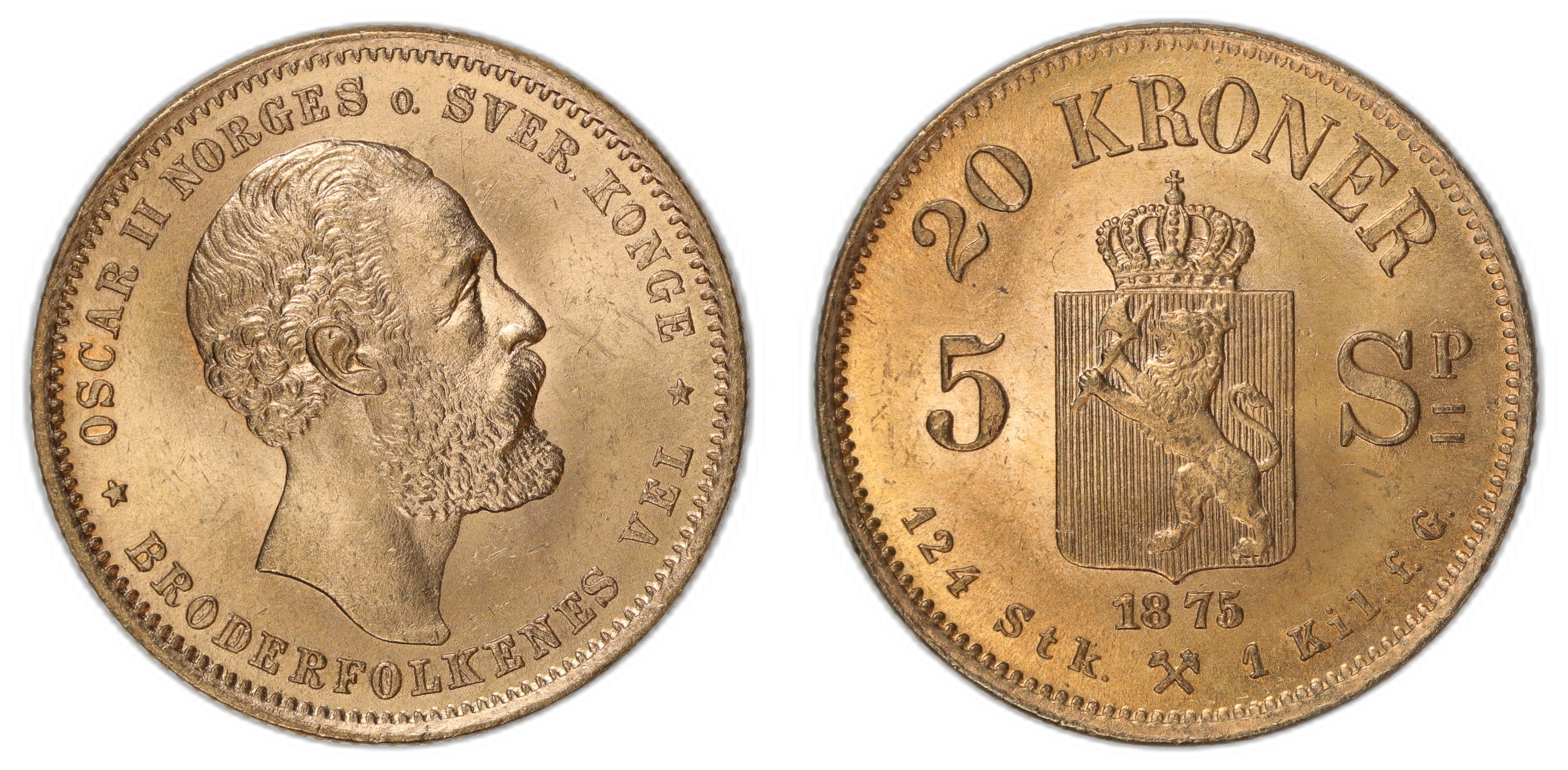 Norge 20 kroner / 5 Sp. 1875 Kv: 0/01