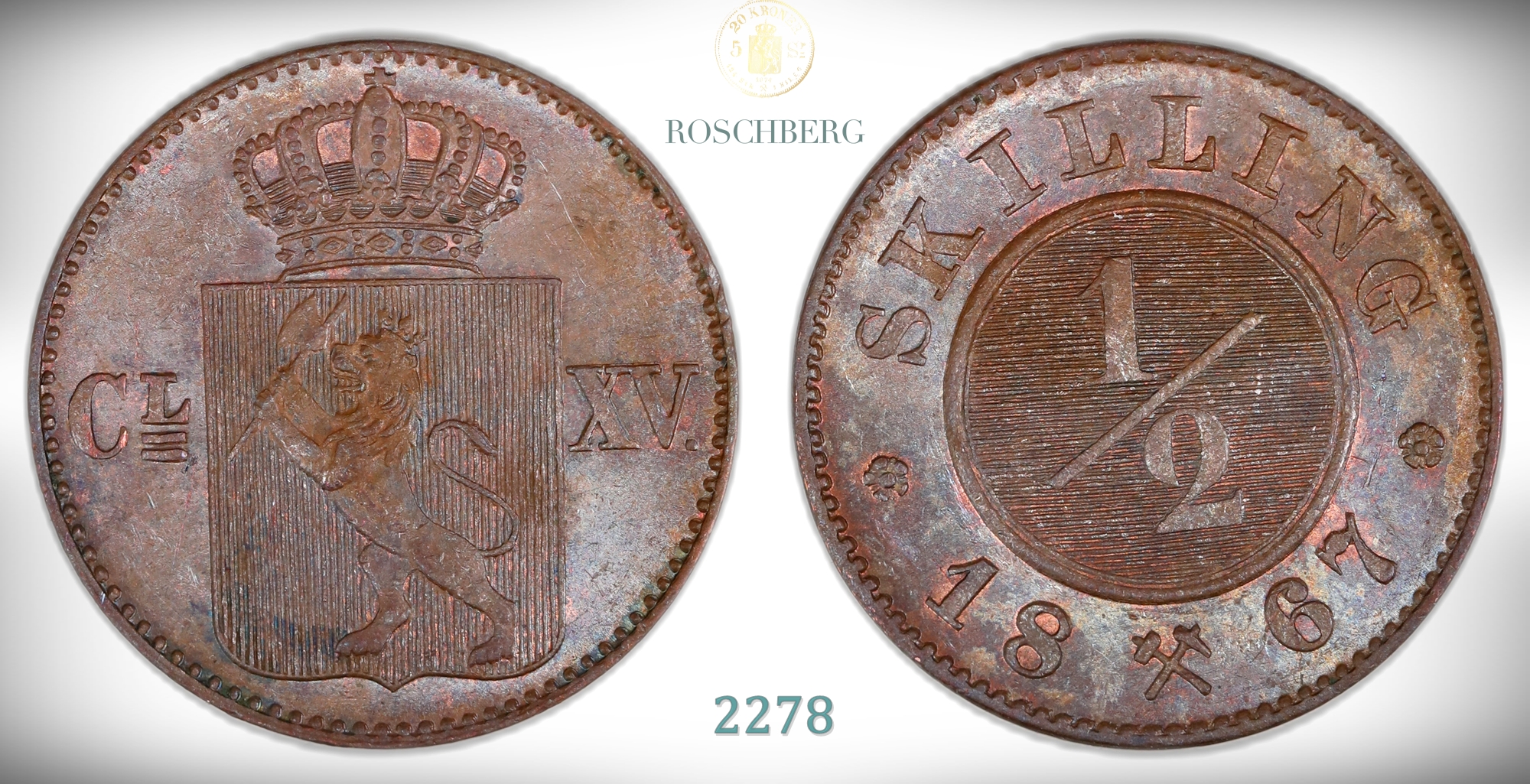 Norge 1/2 Skilling 1867  Kv: 0