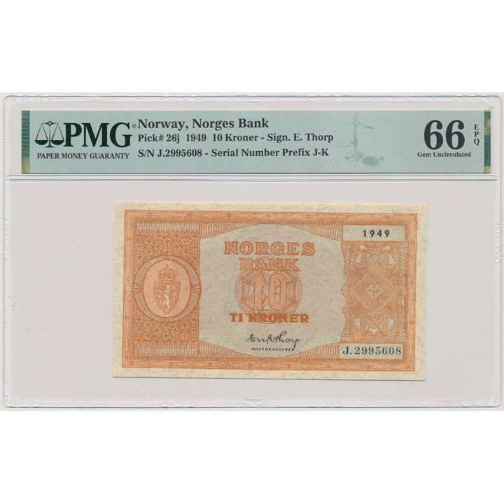 10 kroner 1949 J PMG 66 EPQ