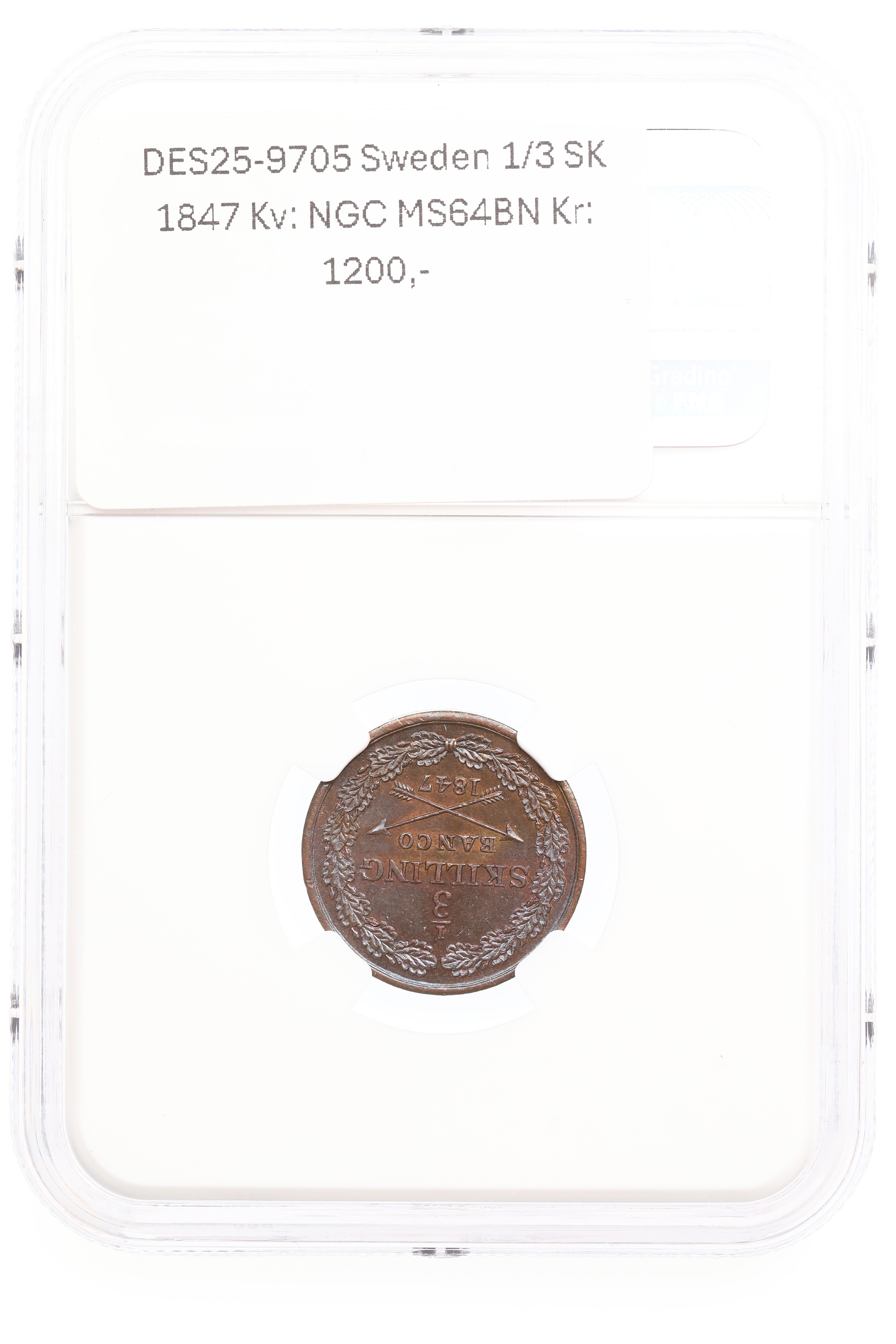Sweden 1/3 SK 1847 Kv: NGC MS64BN