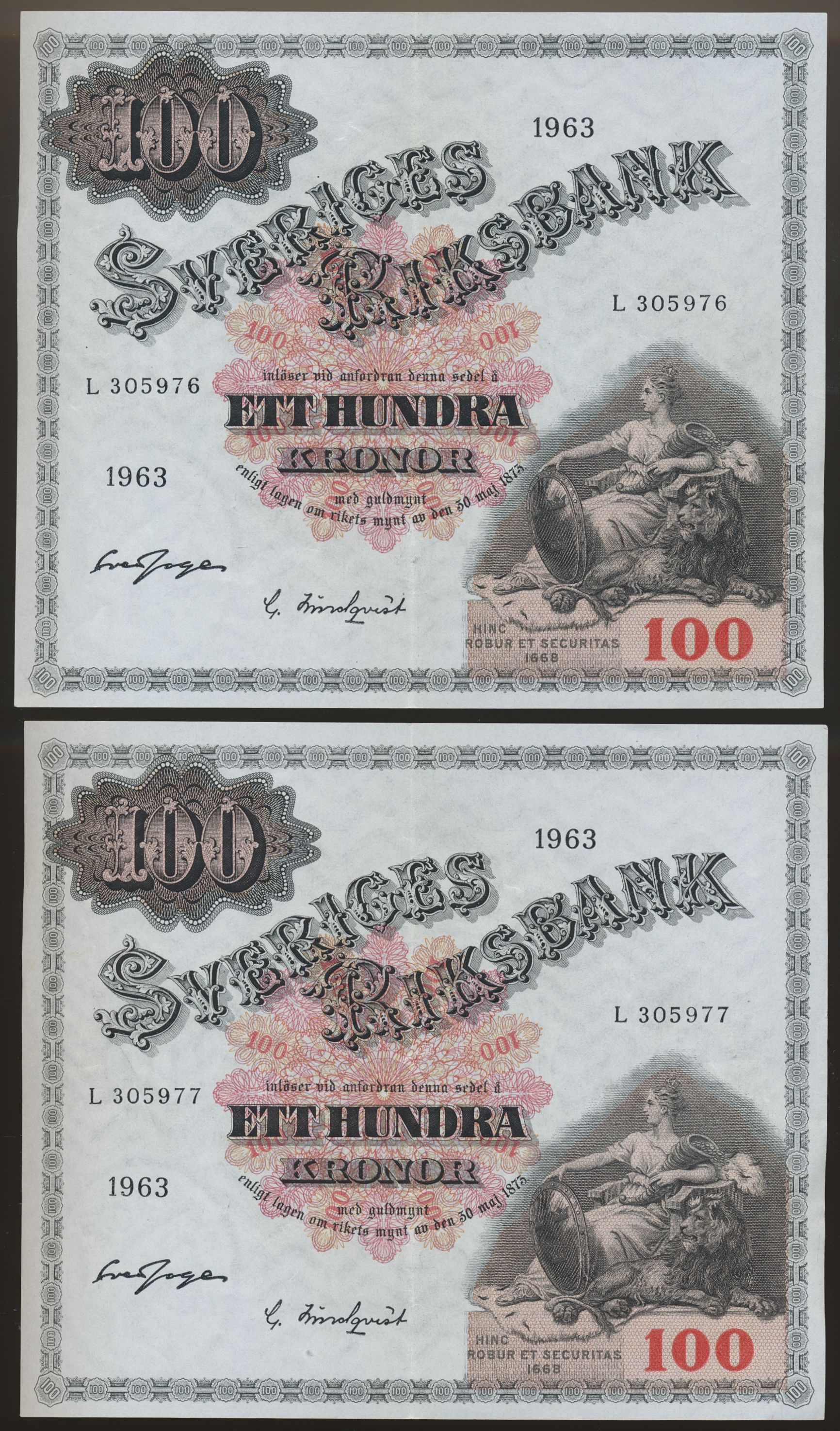 Sverige 100 Kronor 1963 L, 2 Stk i Nummerrekkefølge Kv g1+