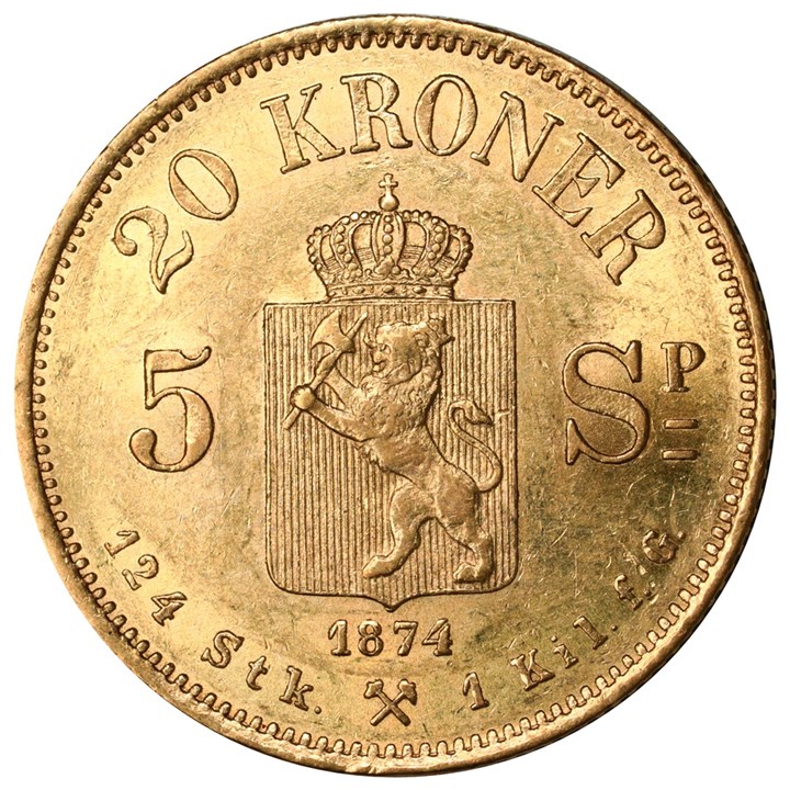20 Kroner / 5 Sp. 1874 Kv 01