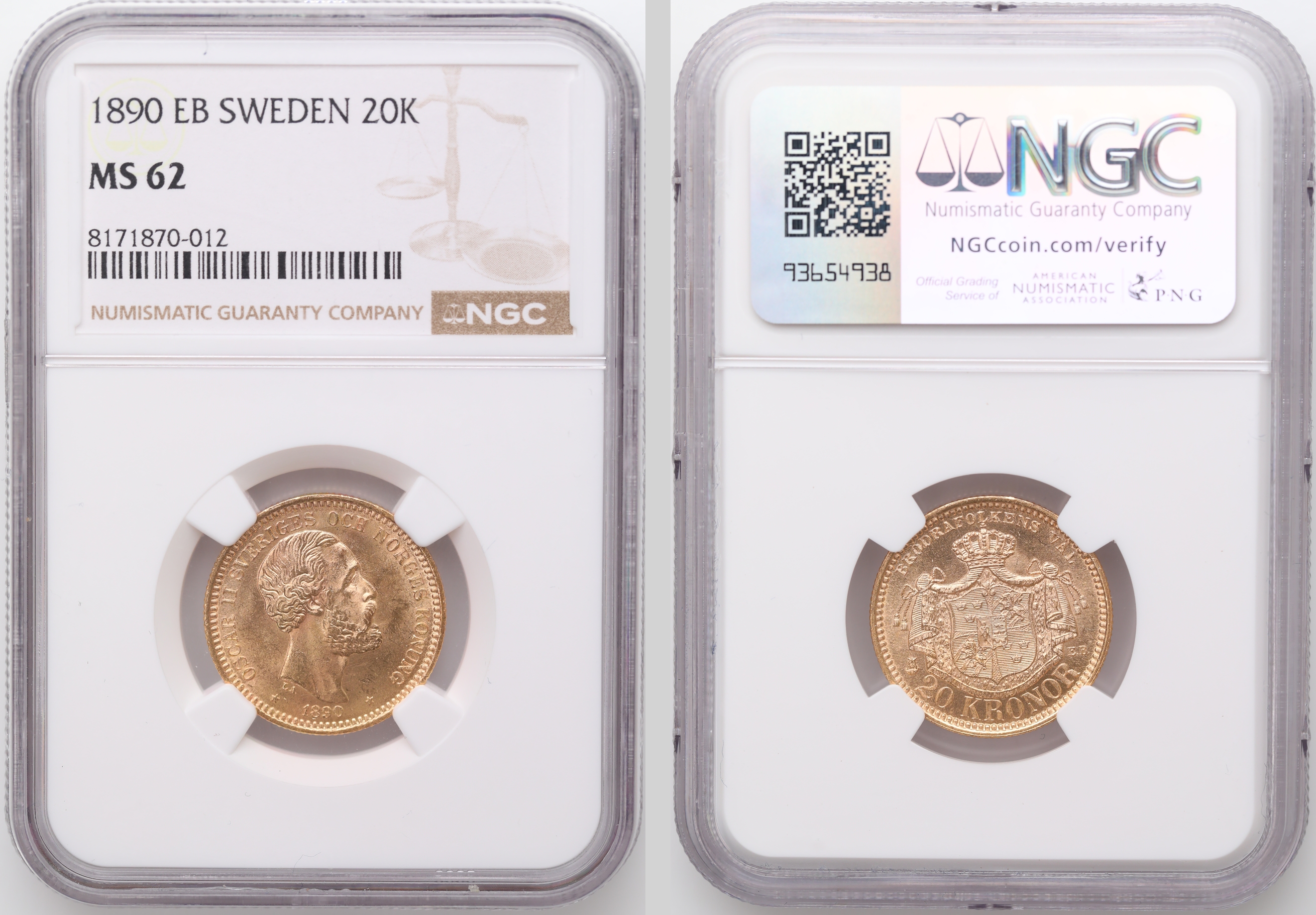 Sverige 20 Kronor 1890  Kv: NGC MS62