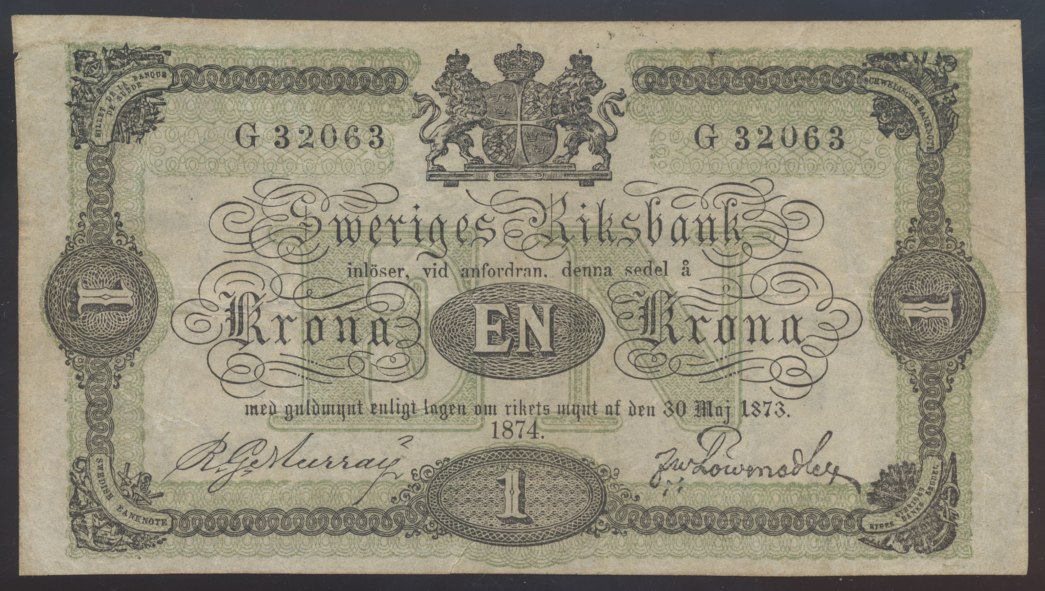 Sverige 1 Krona 1874 Kv 1/1- (F/VF)