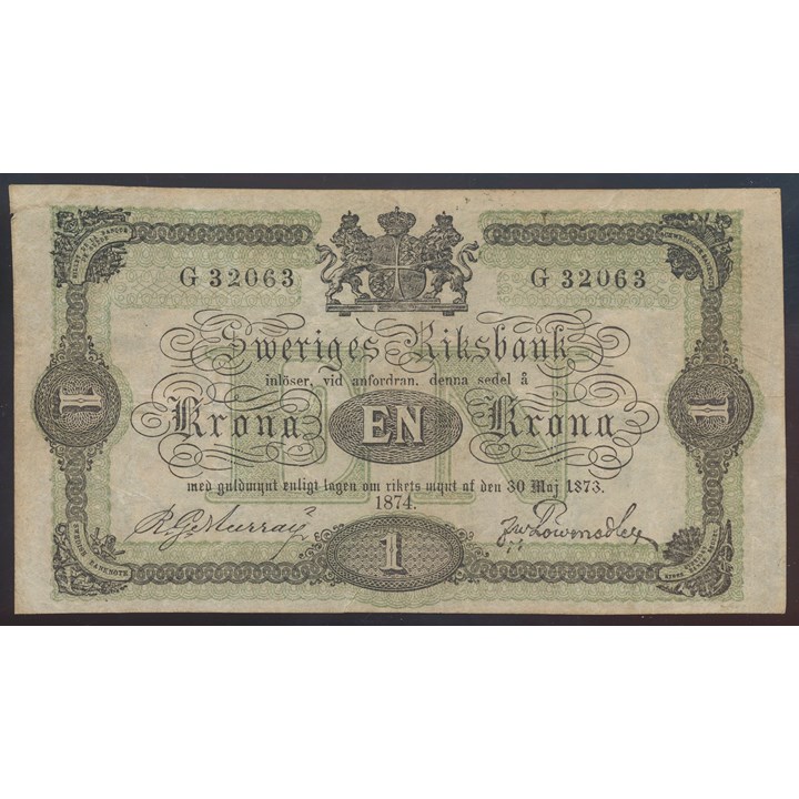 Sverige 1 Krona 1874 Kv 1/1- (F/VF)