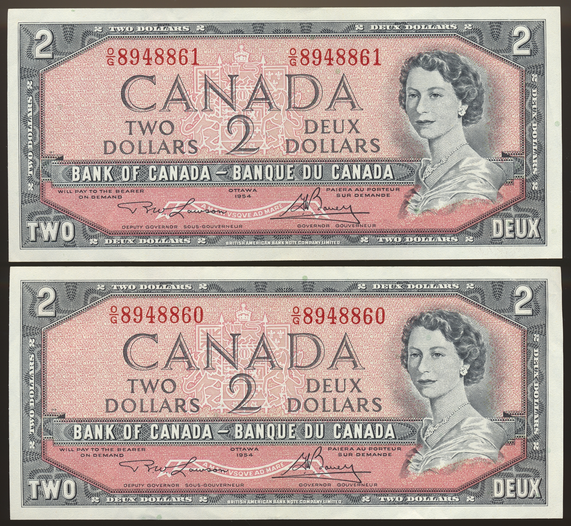 AUG26-2850 Canada 2 Dollars 1954 Replacement O/G-Prefix 2 Pcs Concecutive Kv: 1+