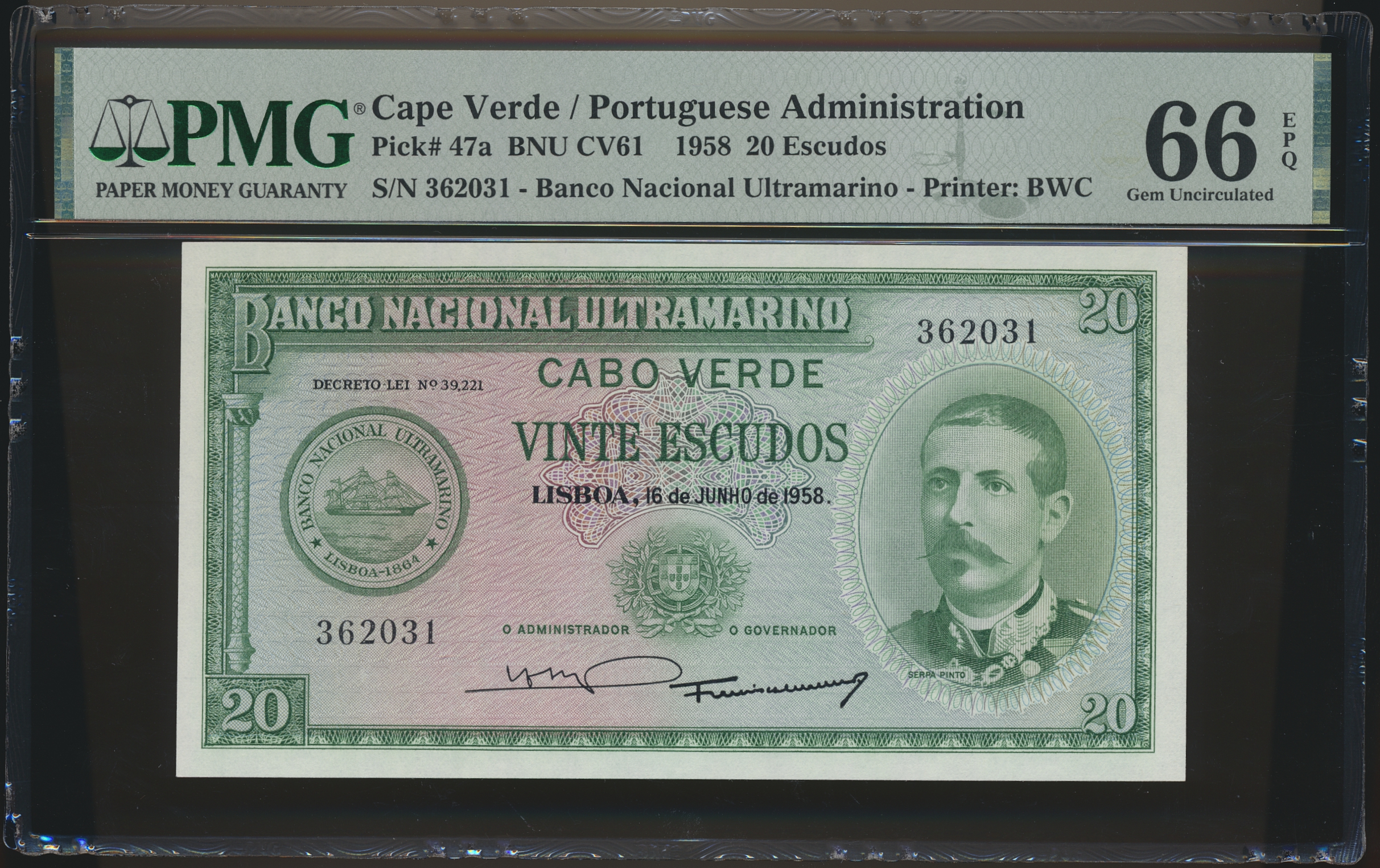 Cape Verde 20 Escudos 1958 PMG 66 EPQ