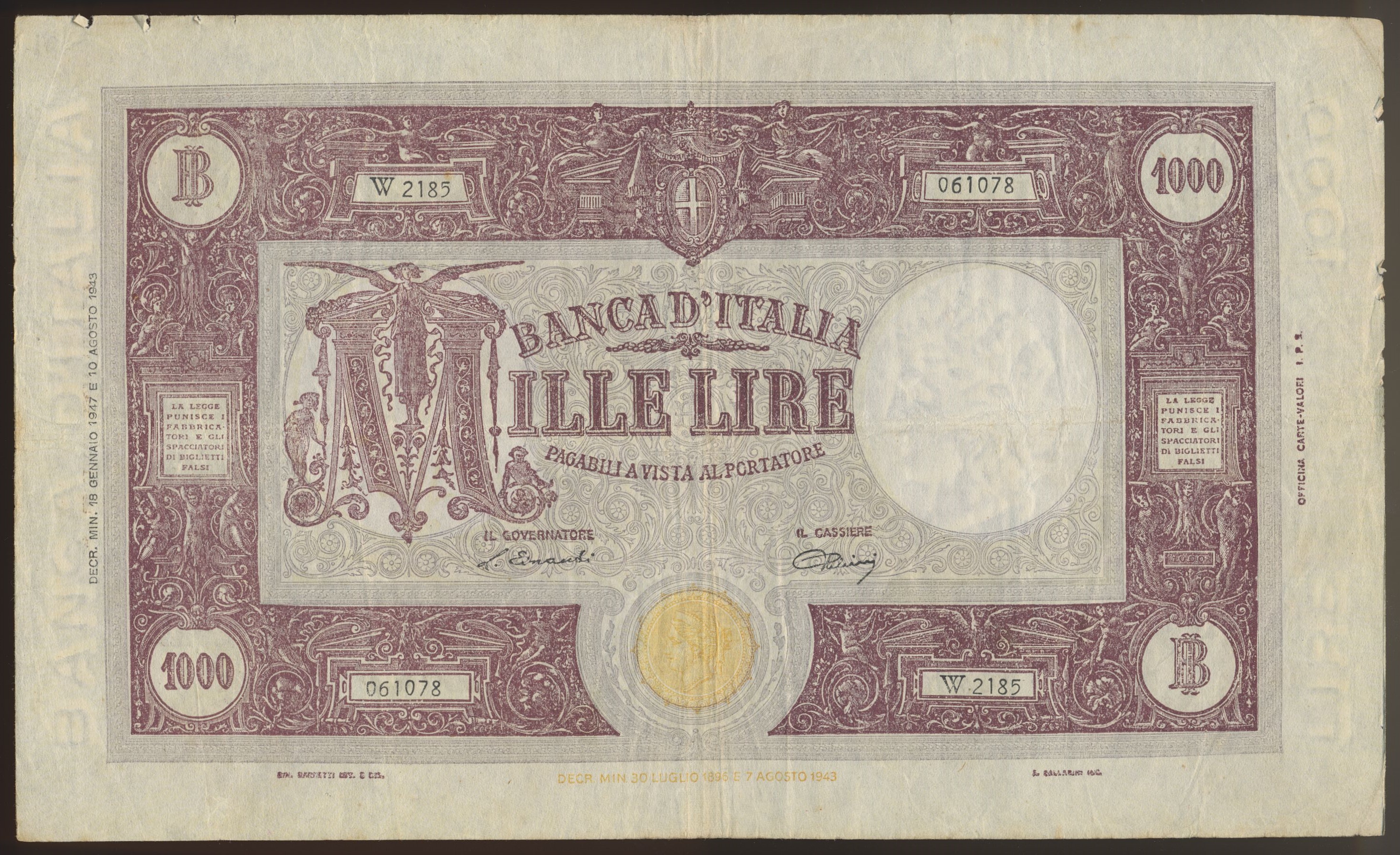 Italia 1000 Lire 1947 Kv 1/1-, noe margrufs