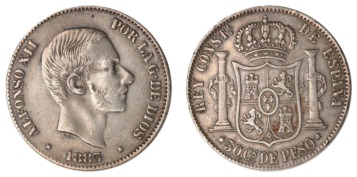 Spanish Philippines 50 Centavos 1883 VF