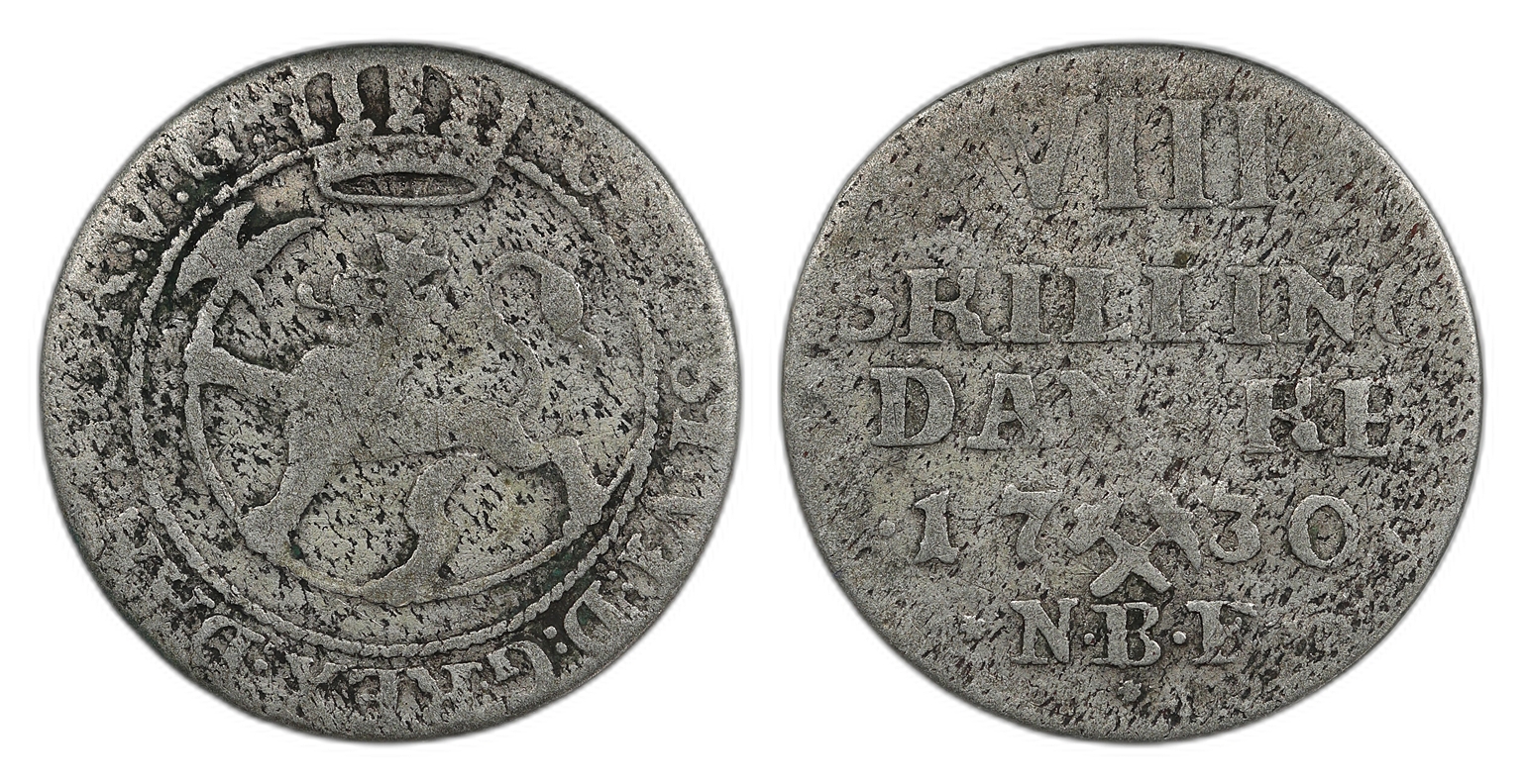 Norge 8 Skilling 1730 Christian VI Kv: 1/1-