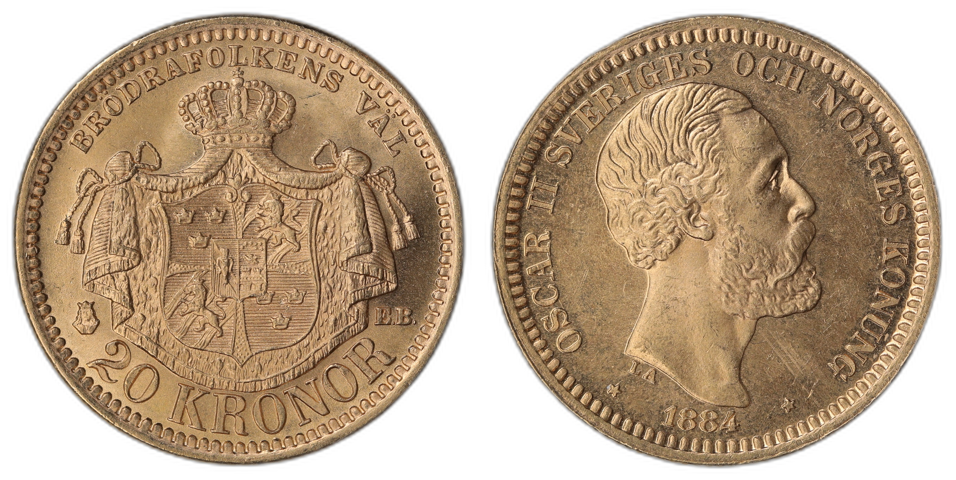 Sweden 20 Kronor 1884 8.08 gr fine Kv: 0/01 (UNC)