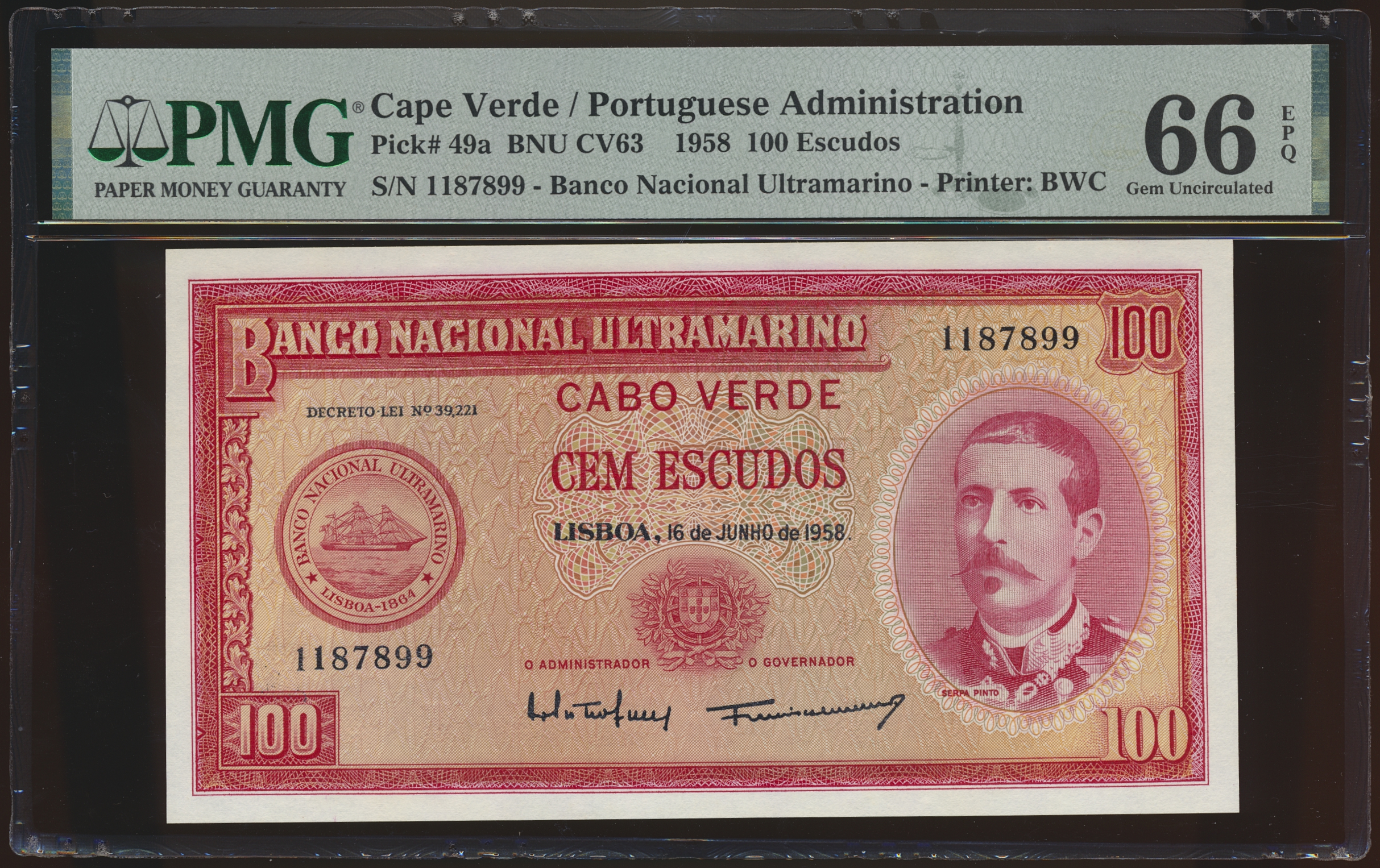 Cape Verde 100 Escudos 1958 PMG 66 EPQ