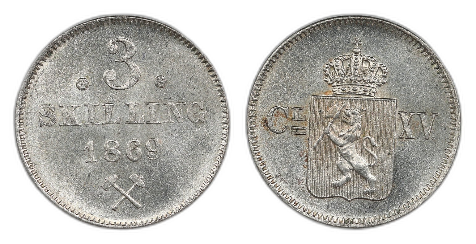 Norge 3 Skilling 1869 Rosett Kv: 0