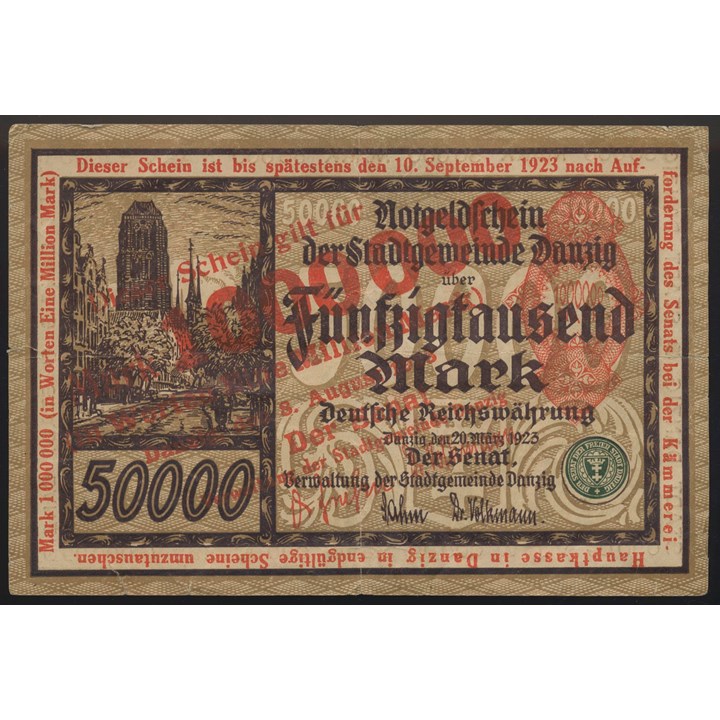 Danzig 1 Million på 50,000 Mark 8.8.1923 (gammel dato 20.3.1923) Kv 1, flere rifter