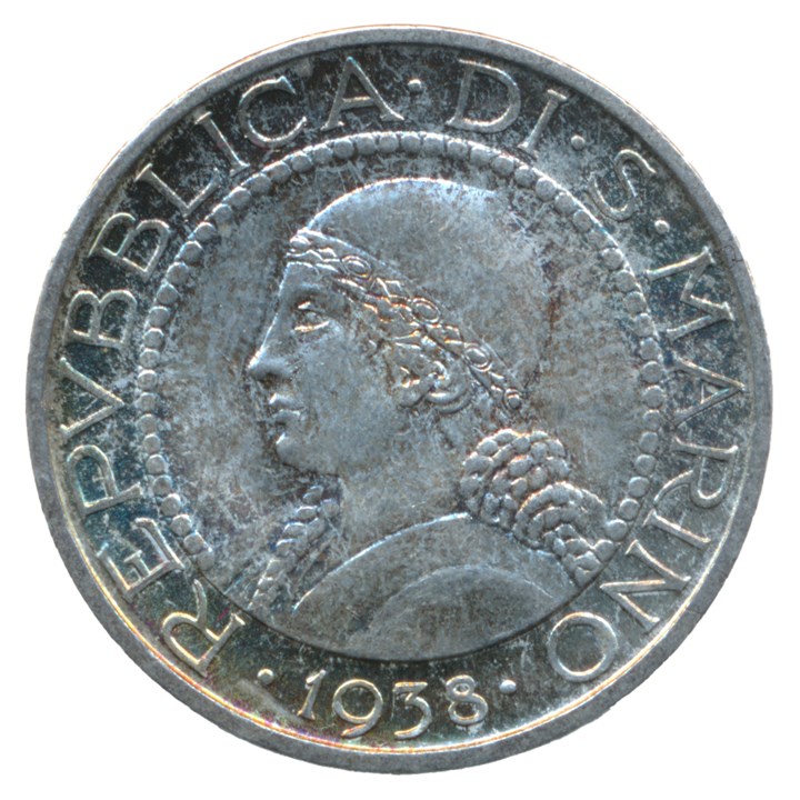 San Marino 5 Lire 1938 UNC, Flott Toning