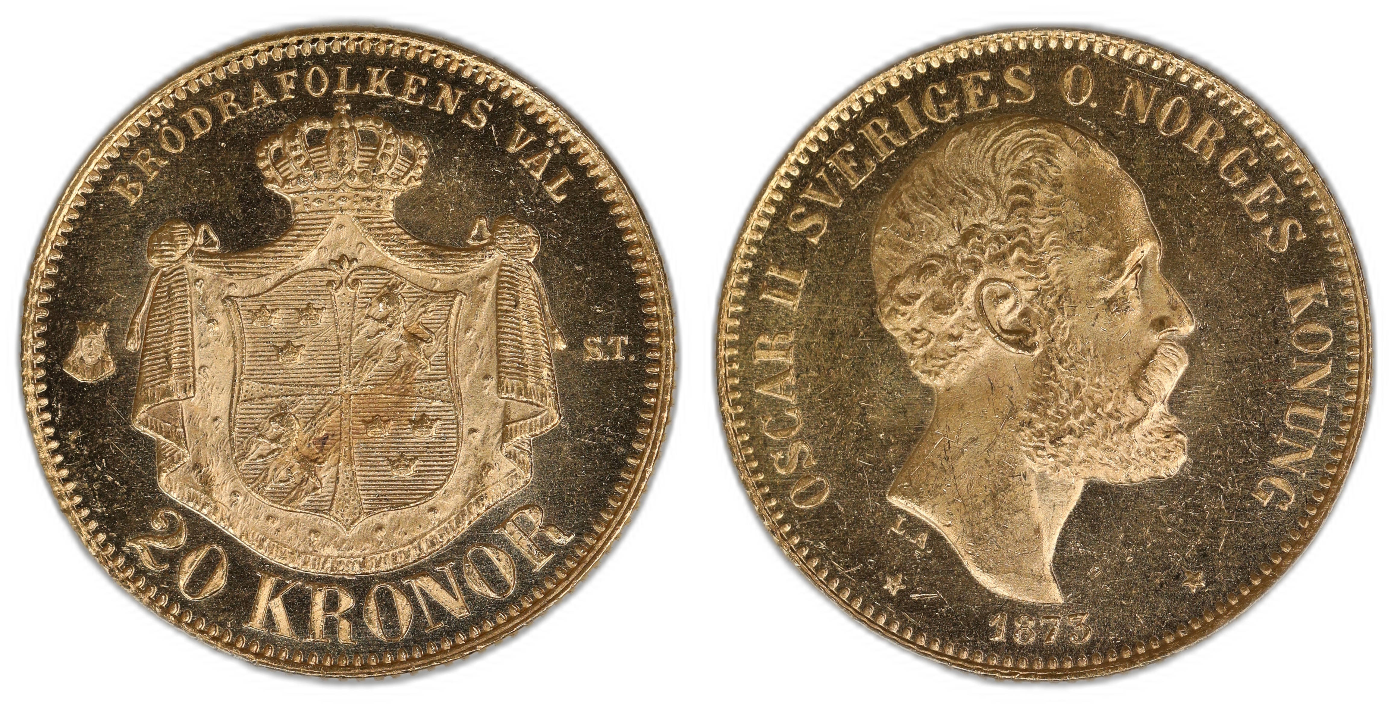 Sverige 20 Kronor 1873  Kv: 0/01, speilflater