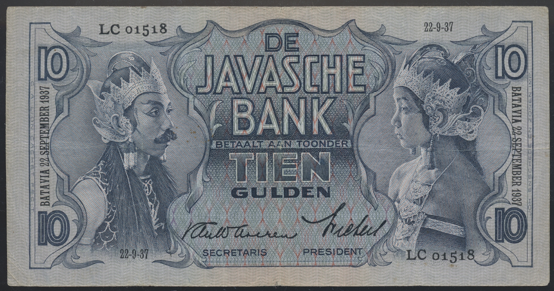 Nederlandsk Øst-India 10 Gulden 1937 Kv 1-
