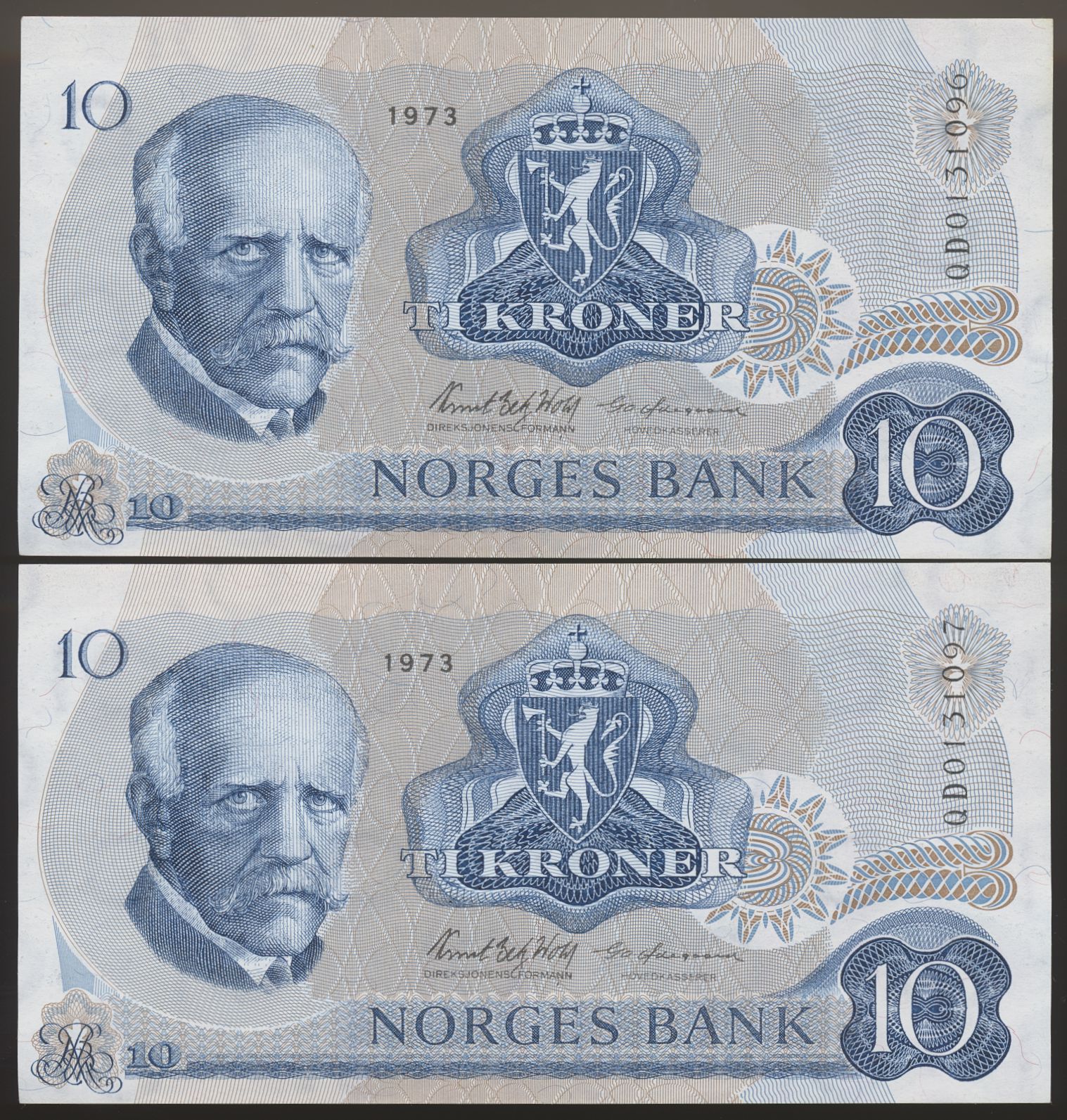 10 Kroner 1973 QD Erstatningssedler, 2 Stk i nummerrekkefølge Kv 0-