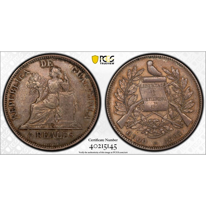 Guatemala 4 Reales 1894 H PCGS AU55