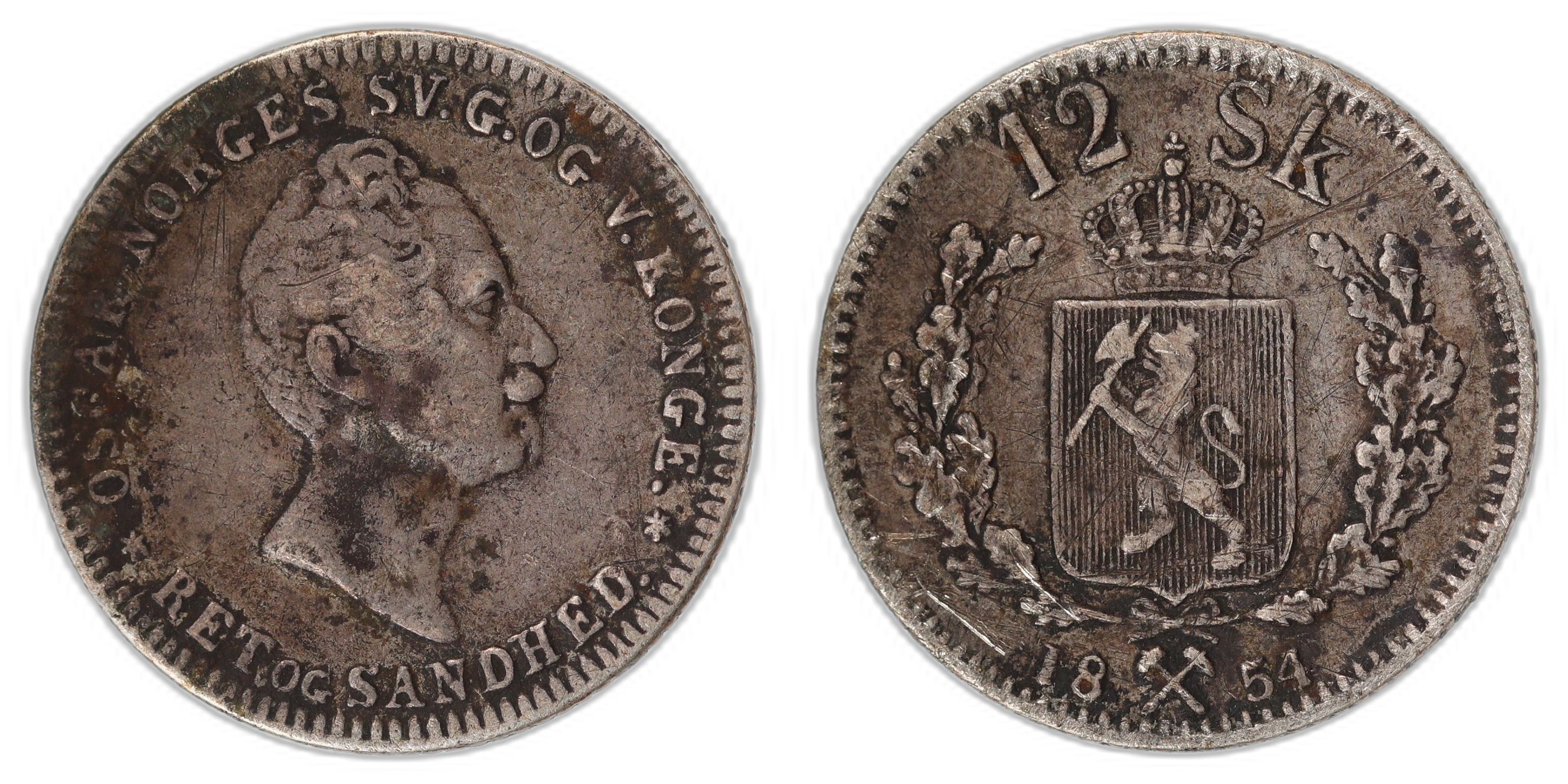 Norge 12 Skilling 1854 Kv: 1, riper