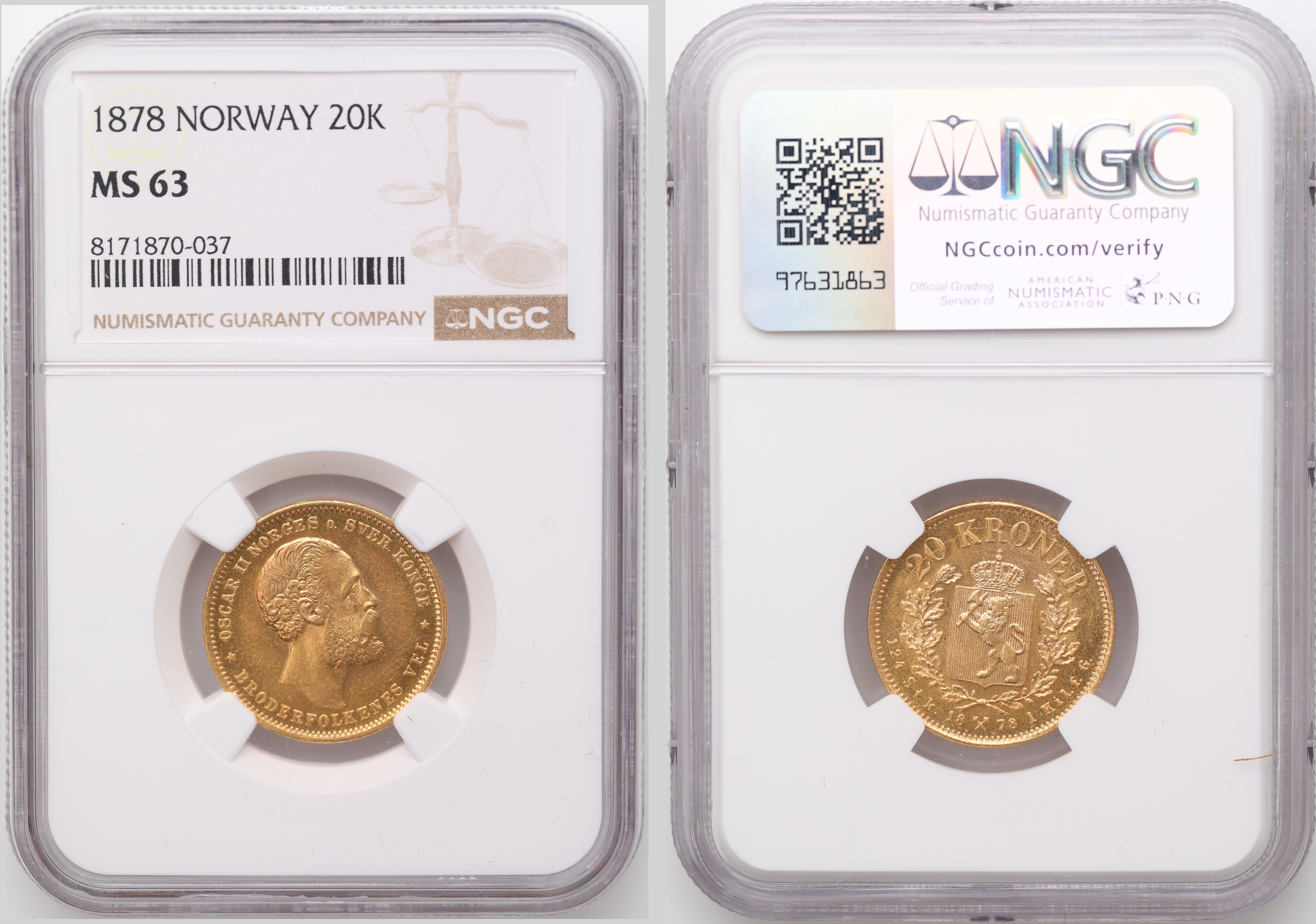 Norge 20 Kroner 1878  Kv: NGC MS63