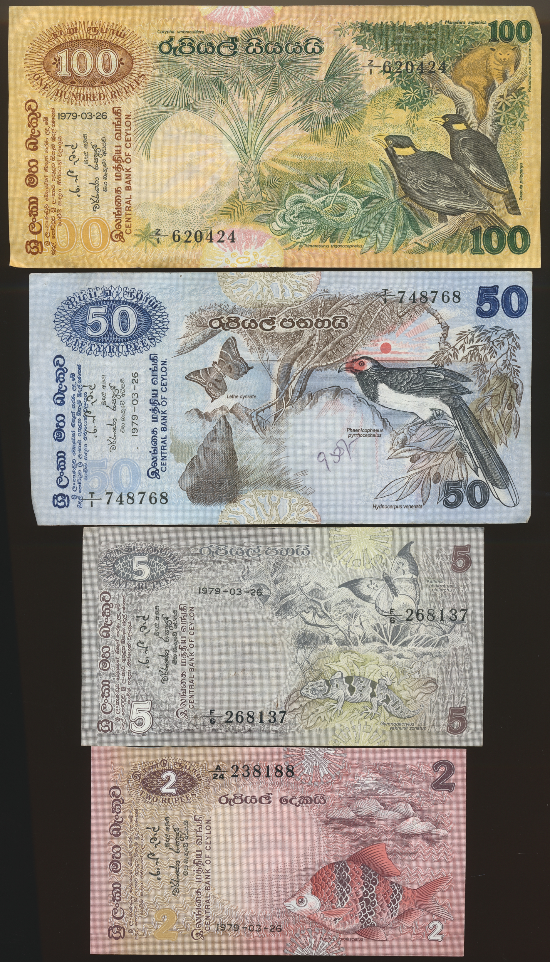 Sri Lanka 100, 50, 5 og 2 Rupees 1979. Kv 1, 1, 1/1+ og 0/01