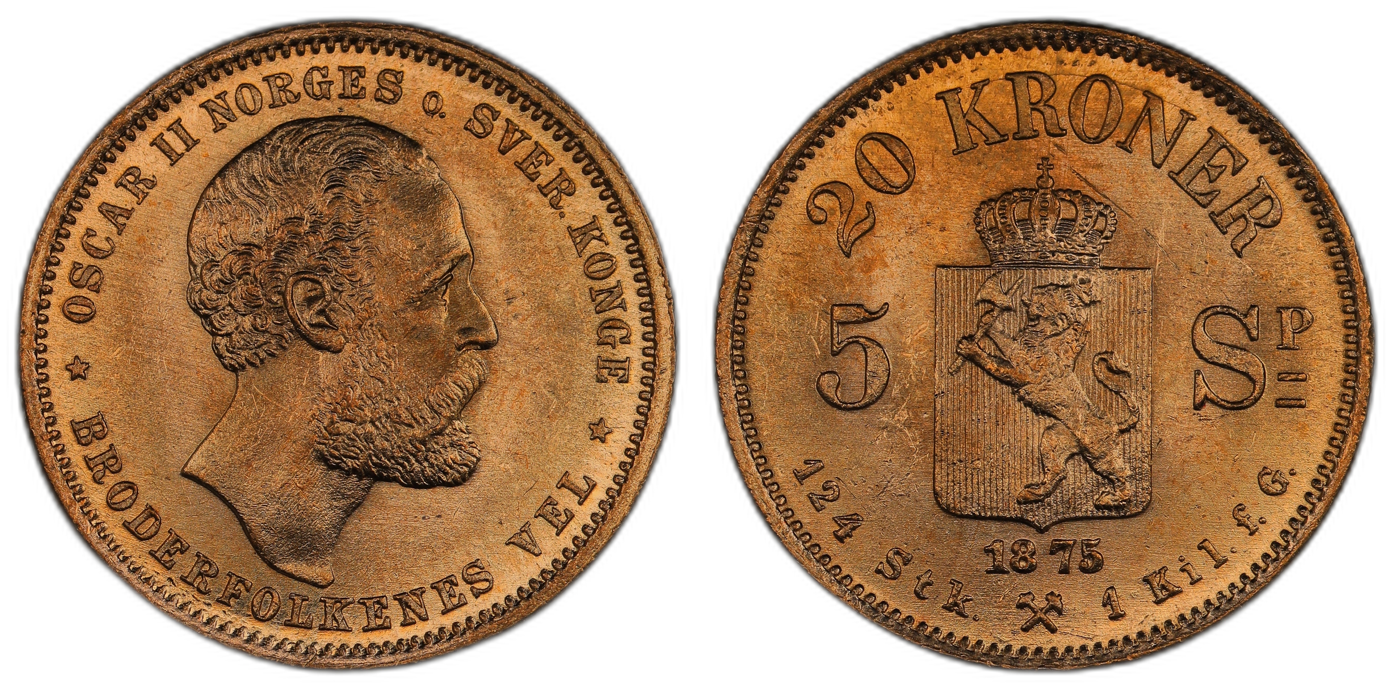 Norge 20 Kroner / 5 Sp. 1875 Kv: 0/01