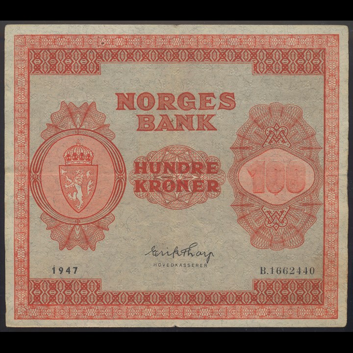 100 Kroner 1947 B Kv 1 (VF), skarp midtbrett