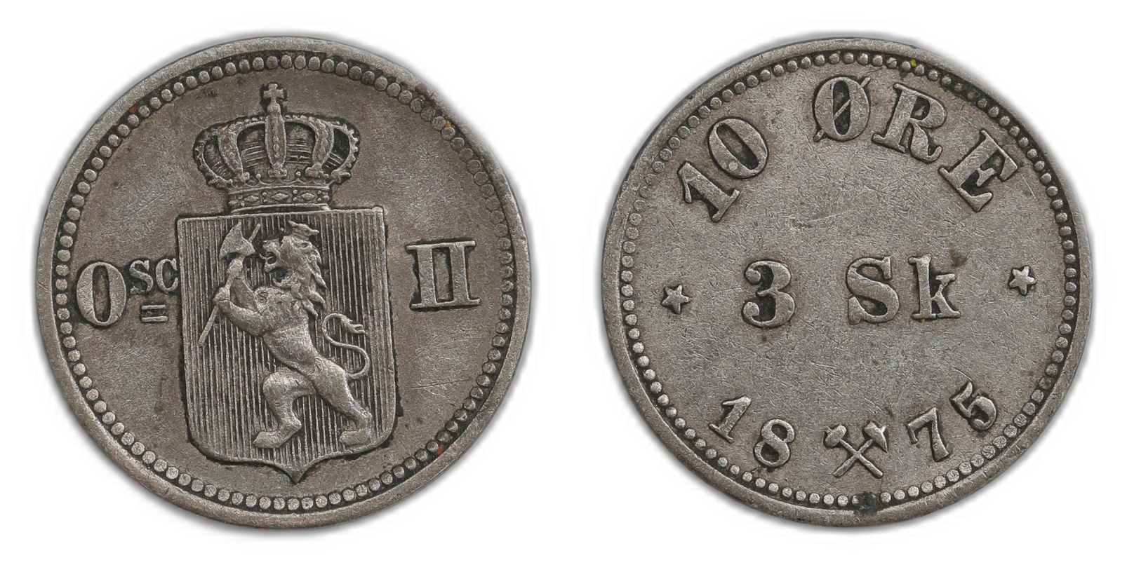 Norge 10 Øre / 3 sk.  1875 Kv 1+