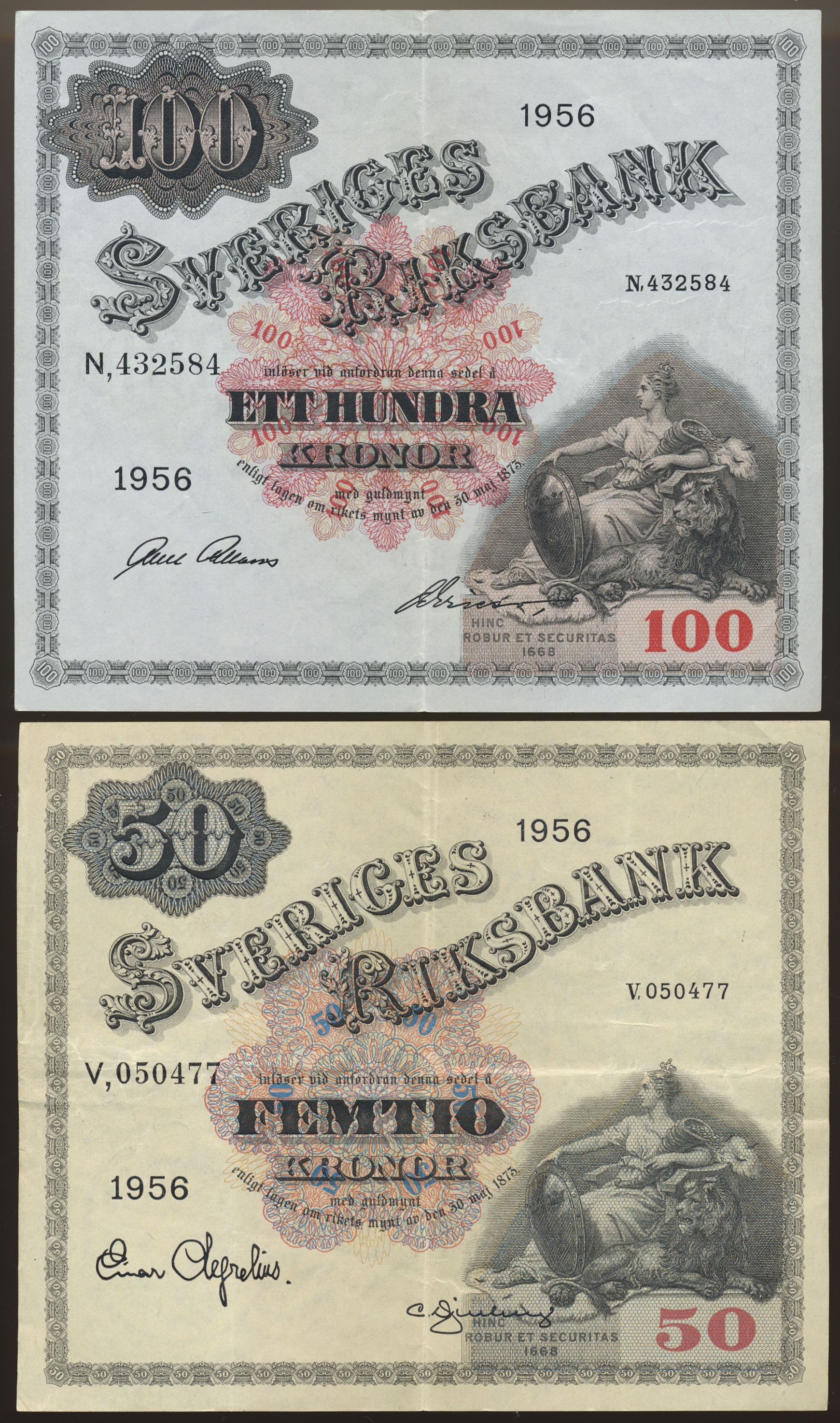 AUG26-2863 Sverige 100 Kronor og 50 Kronor 1956  Kv: 1+ og 1