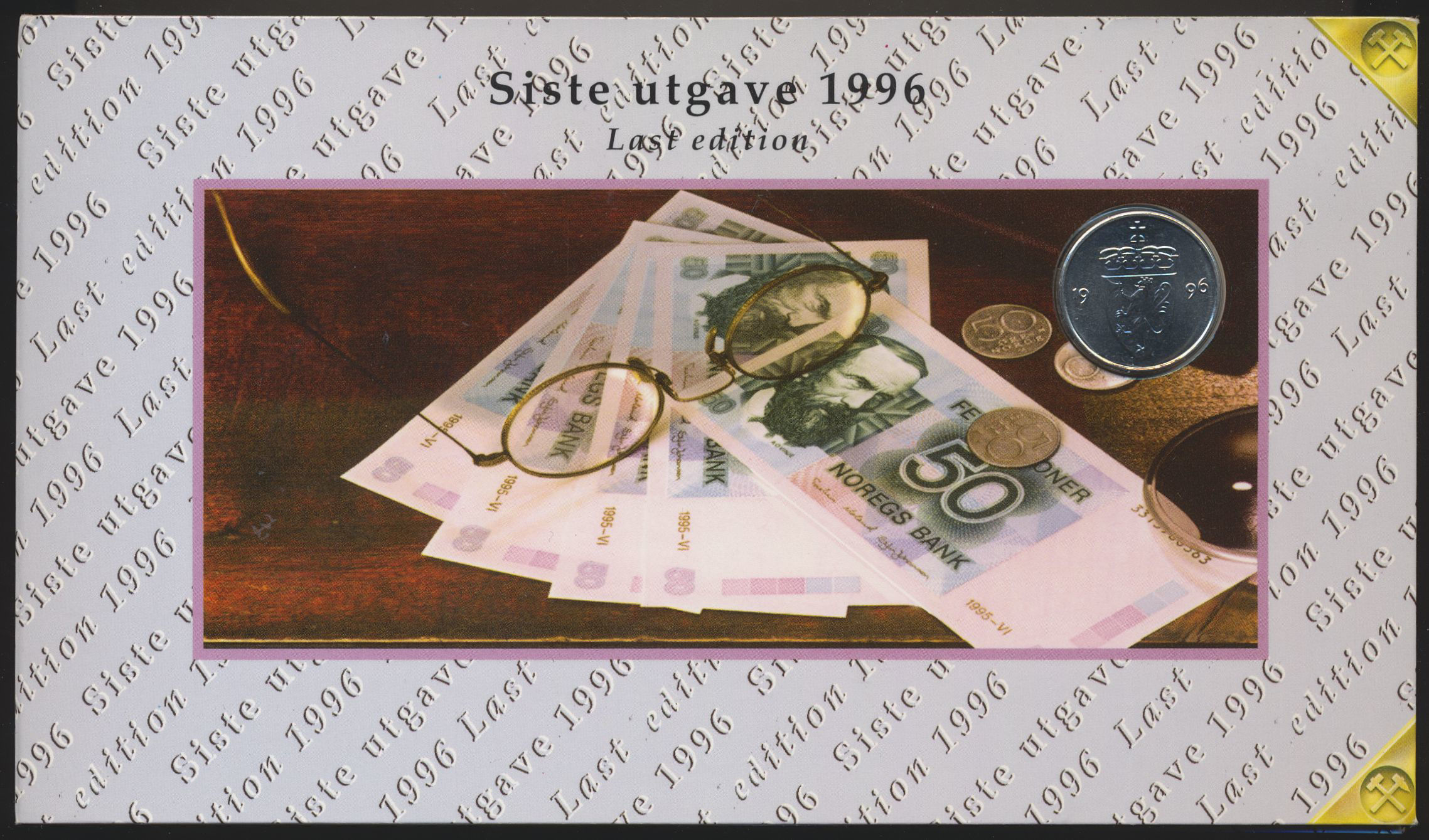 50 Kroner 1995 sisteutgave med Sort Overtrykk i folder med 50 øre 1996 UNC