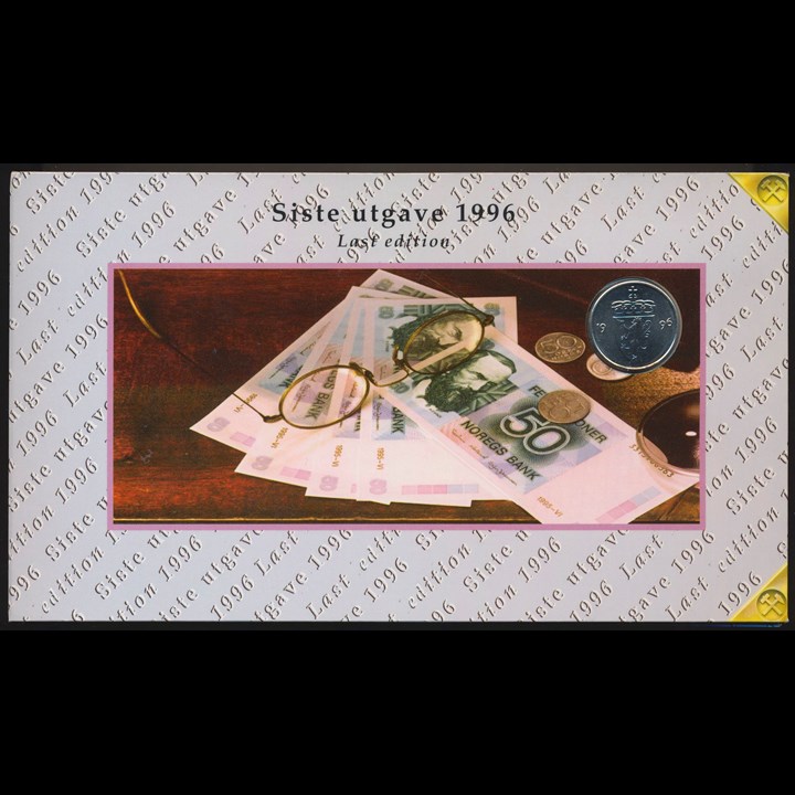 50 Kroner 1995 sisteutgave med Sort Overtrykk i folder med 50 øre 1996 UNC