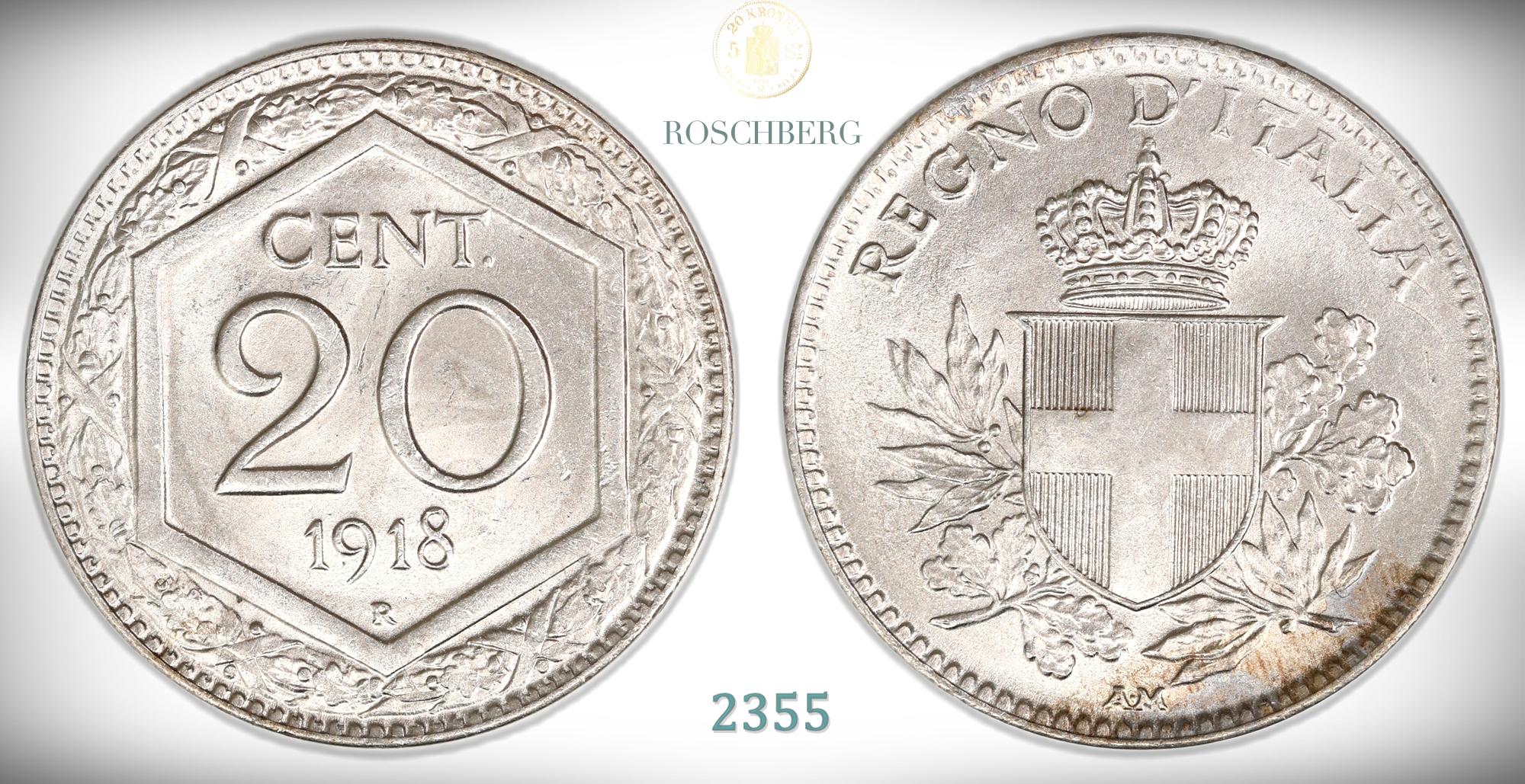 Italy 20 Centesimi 1918 Light reeded edge Kv: UNC