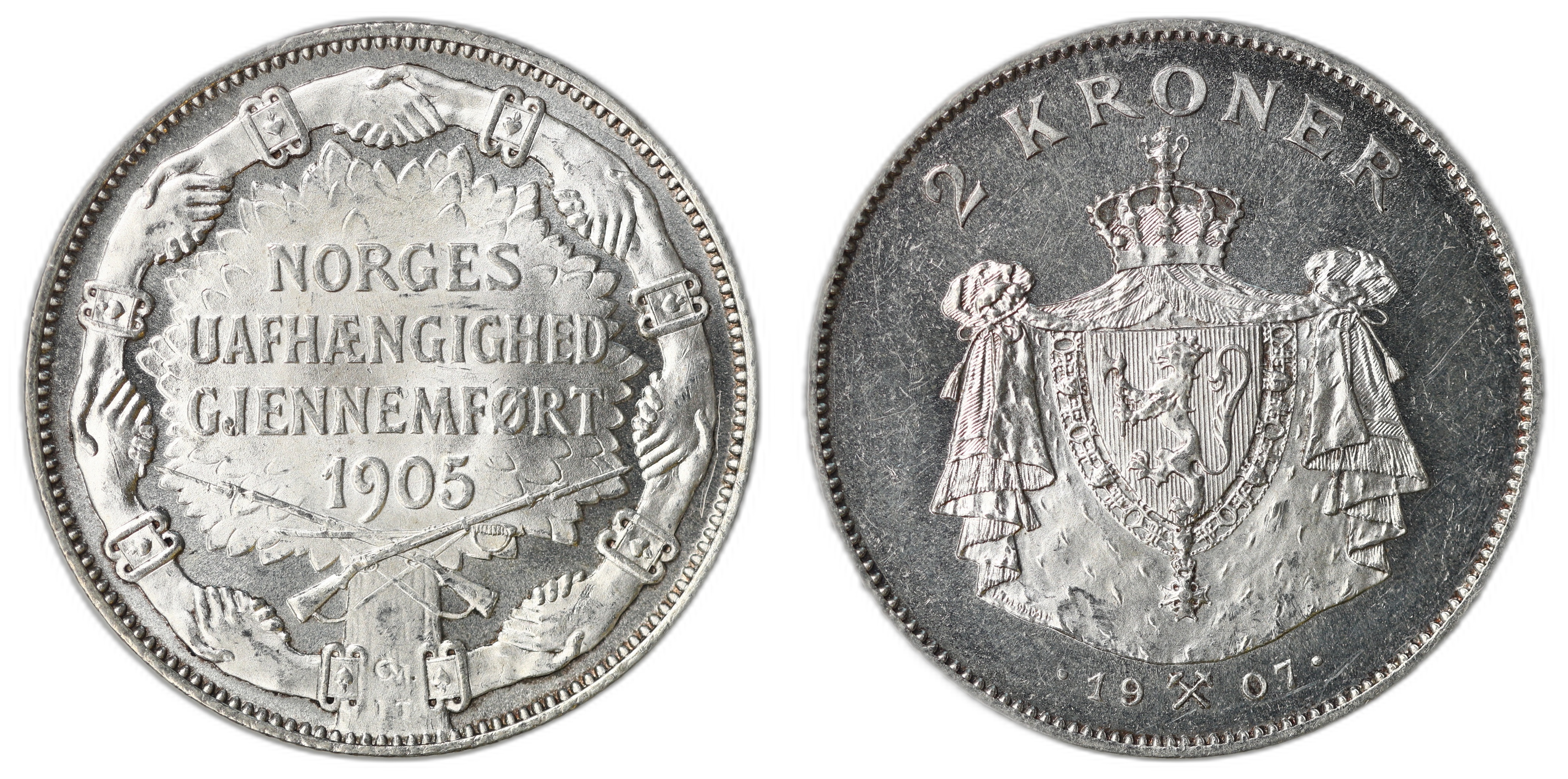  Norge 2 Kroner 1907 Gevær  Kv: 0/01
