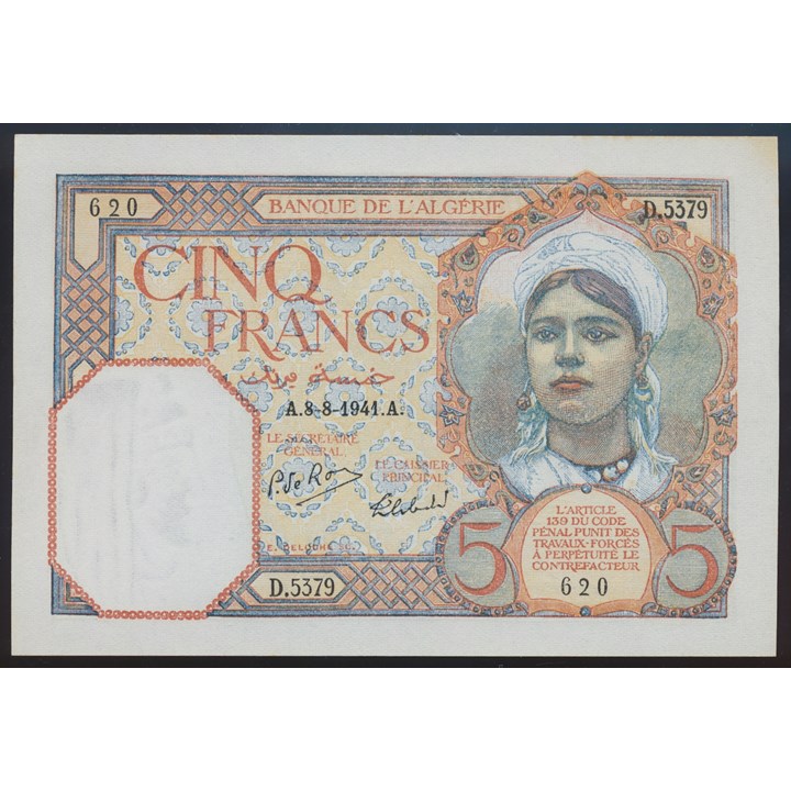 Algeria 5 Francs 1941 Kv 0 (UNC), toning spots