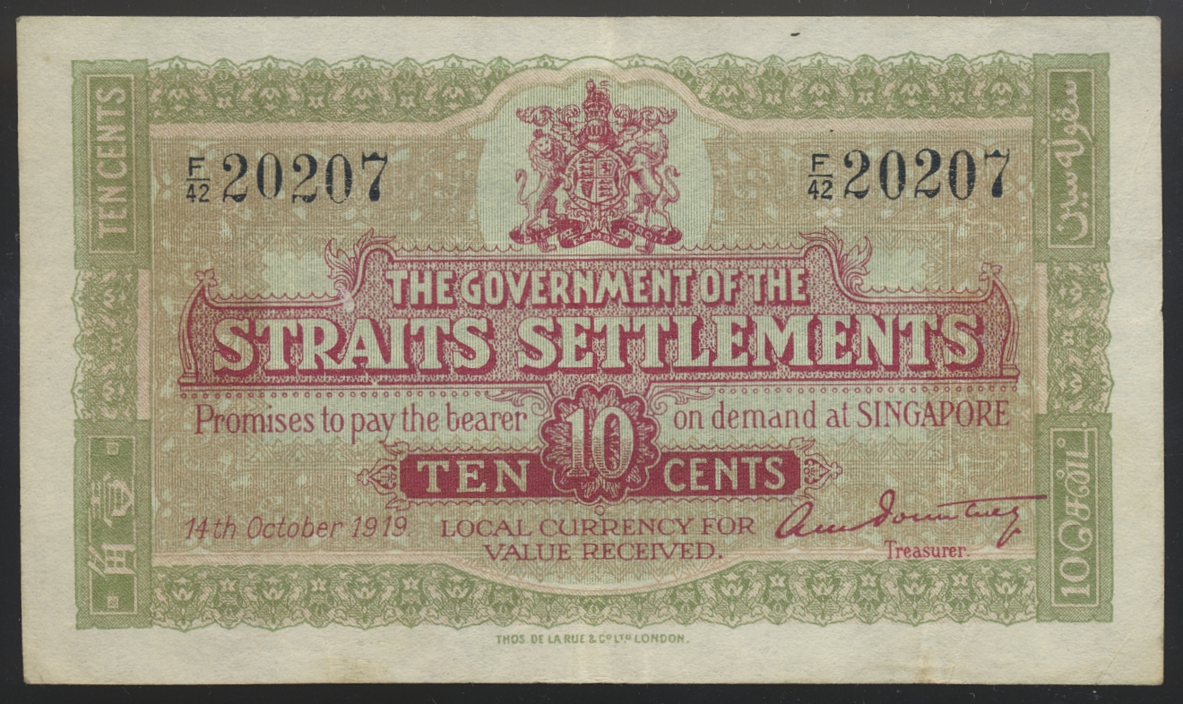Straits Settlements 10 Cents 1919 VF