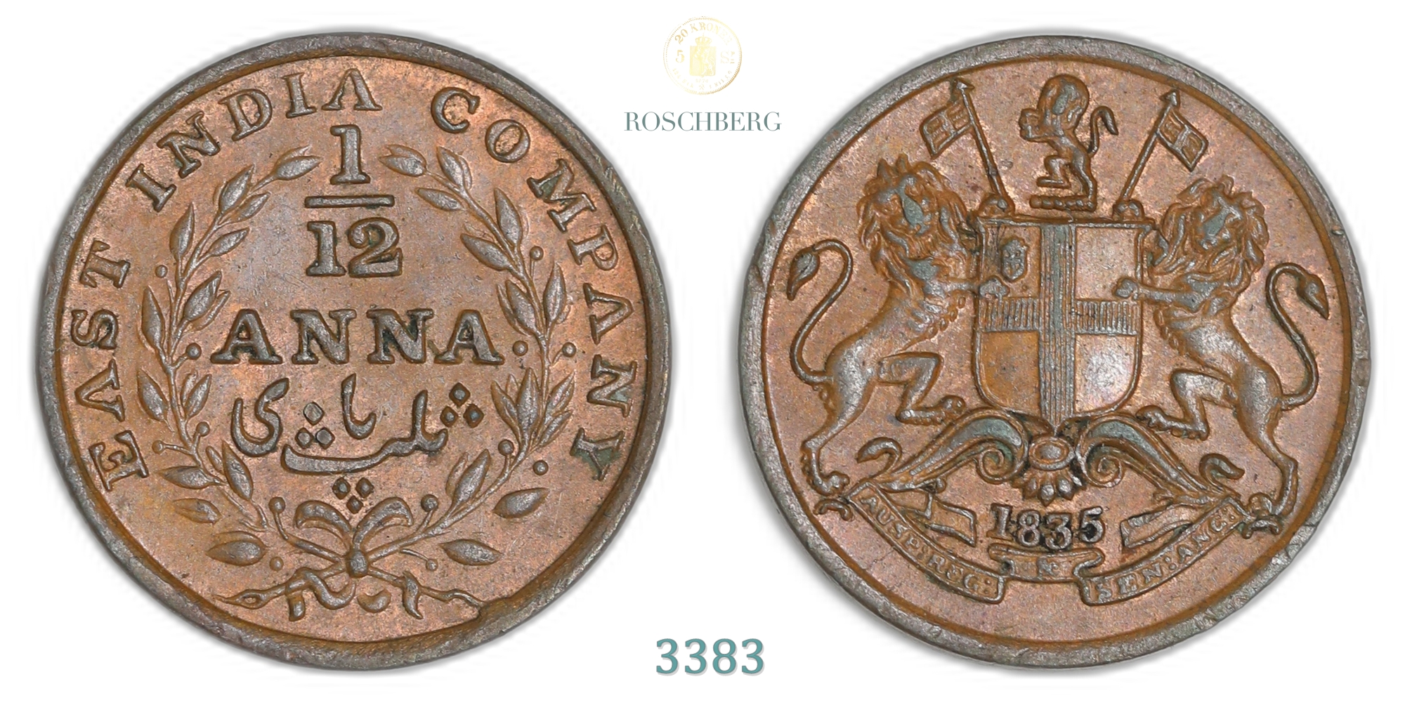 India, British 1/12 Anna 1835  Kv: AU