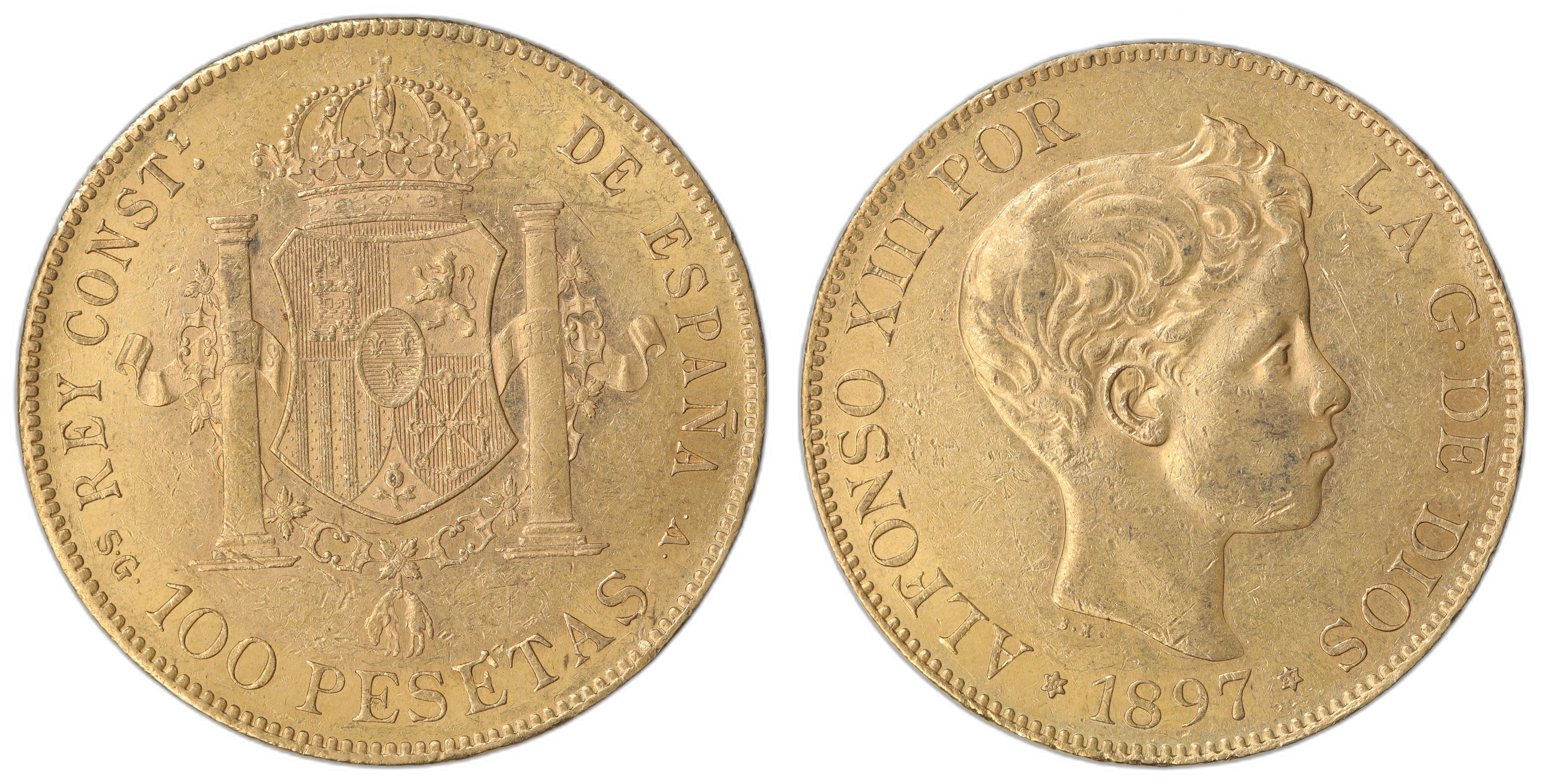 Spain 100 Pesetas 1897 29.02 gr fine Kv: AU