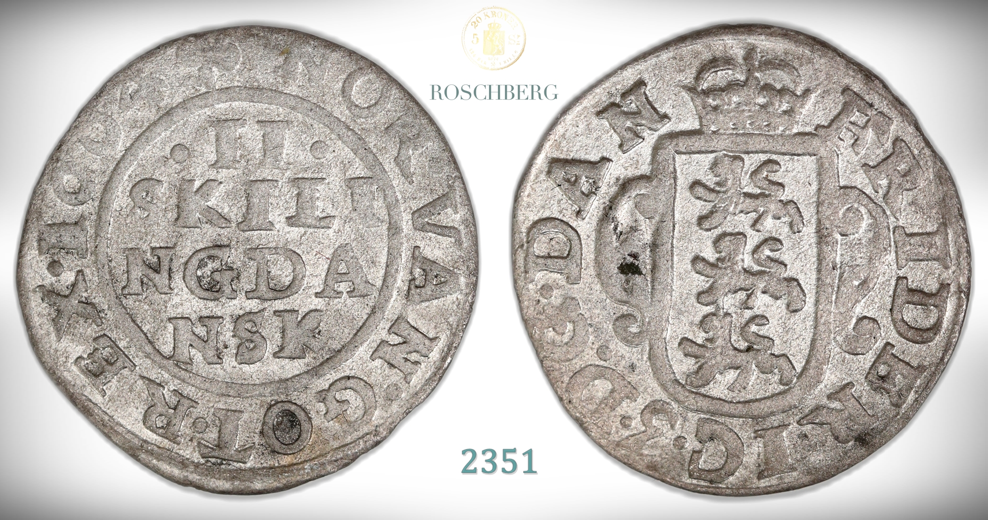 Danmark 2 Skilling 1664  Kv: 1